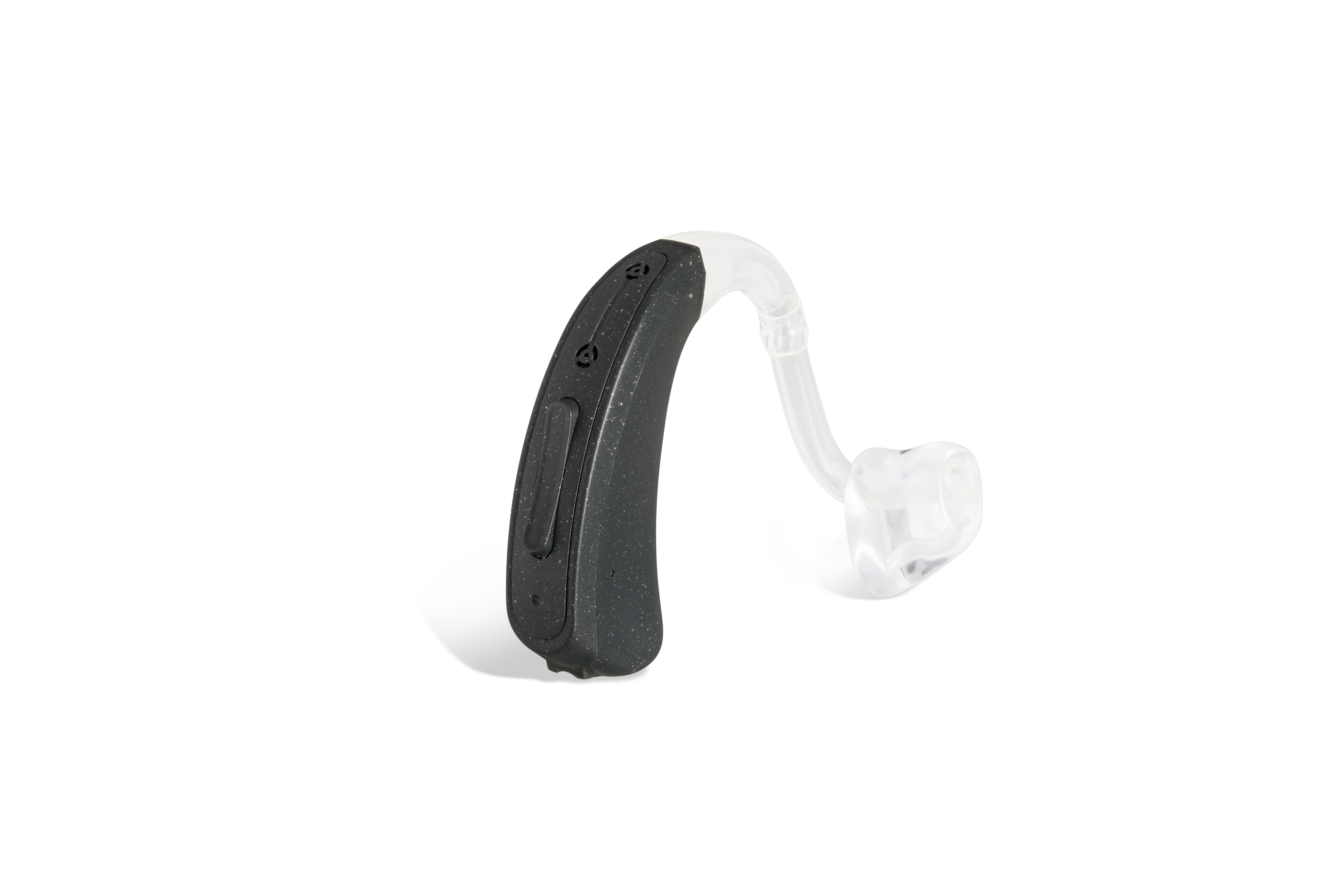 Das Hörgerät KINDaluna 1200 als Bauform Hinter dem Ohr mit Energieversorgung Batterie auf weißem Hintergrund.