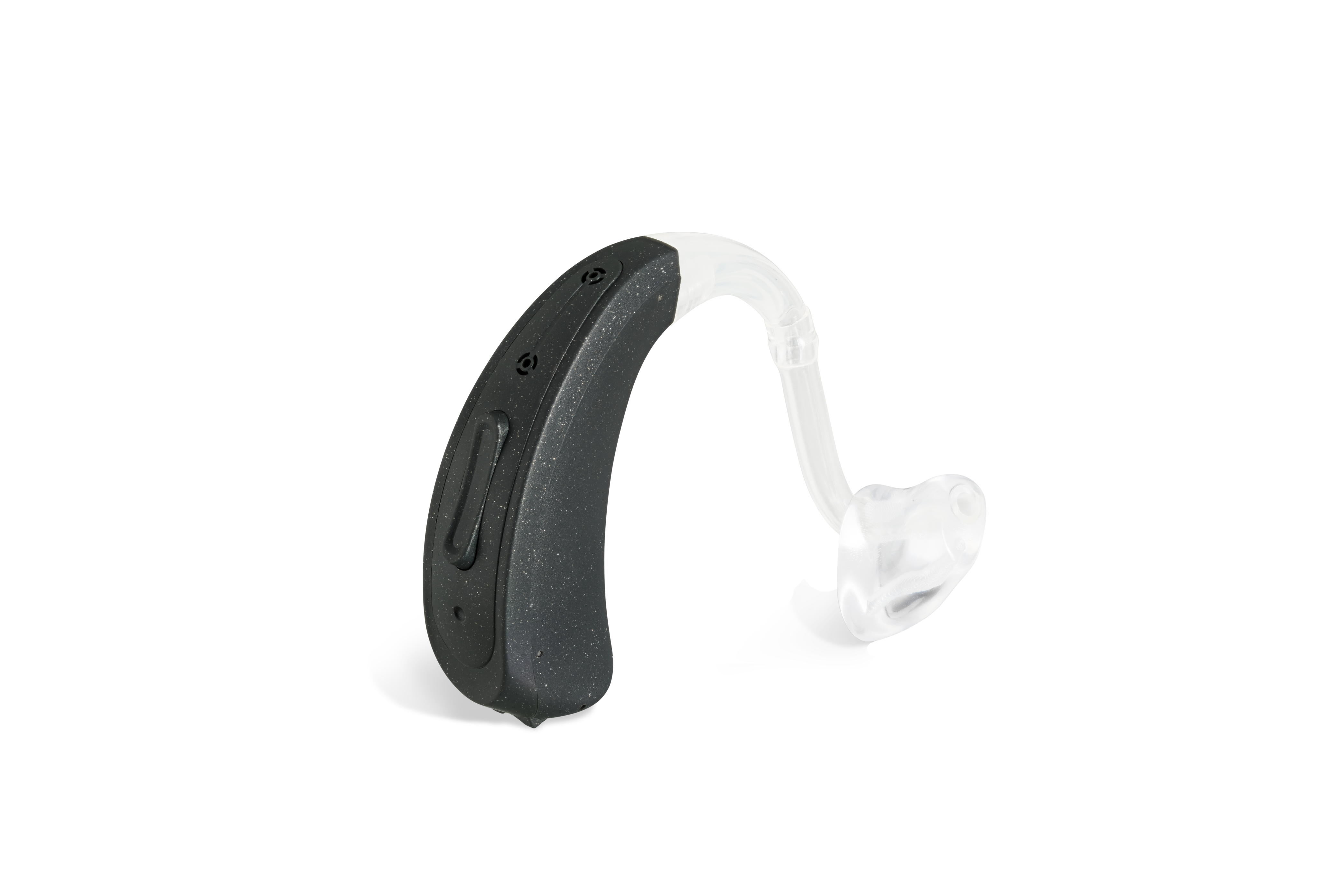 Das Hörgerät KINDaluna 1100 als Bauform Power HdO mit Energieversorgung Batterie auf weißem Hintergrund.