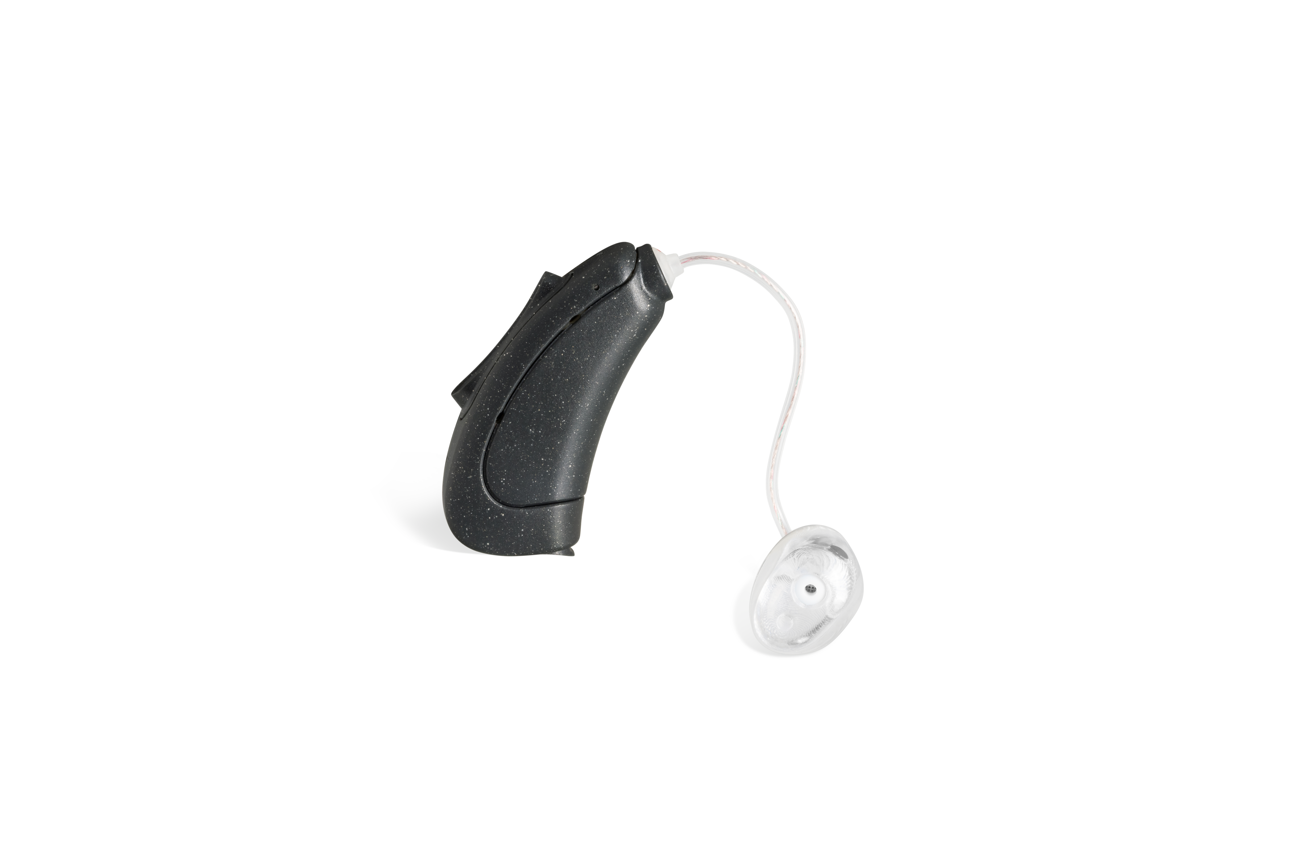 Das Hörgerät KINDaluna 1400 als Bauform HdO mit externem Hörer mit Energieversorgung Batterie seitlich ausgerichtet auf weißem Hintergrund.