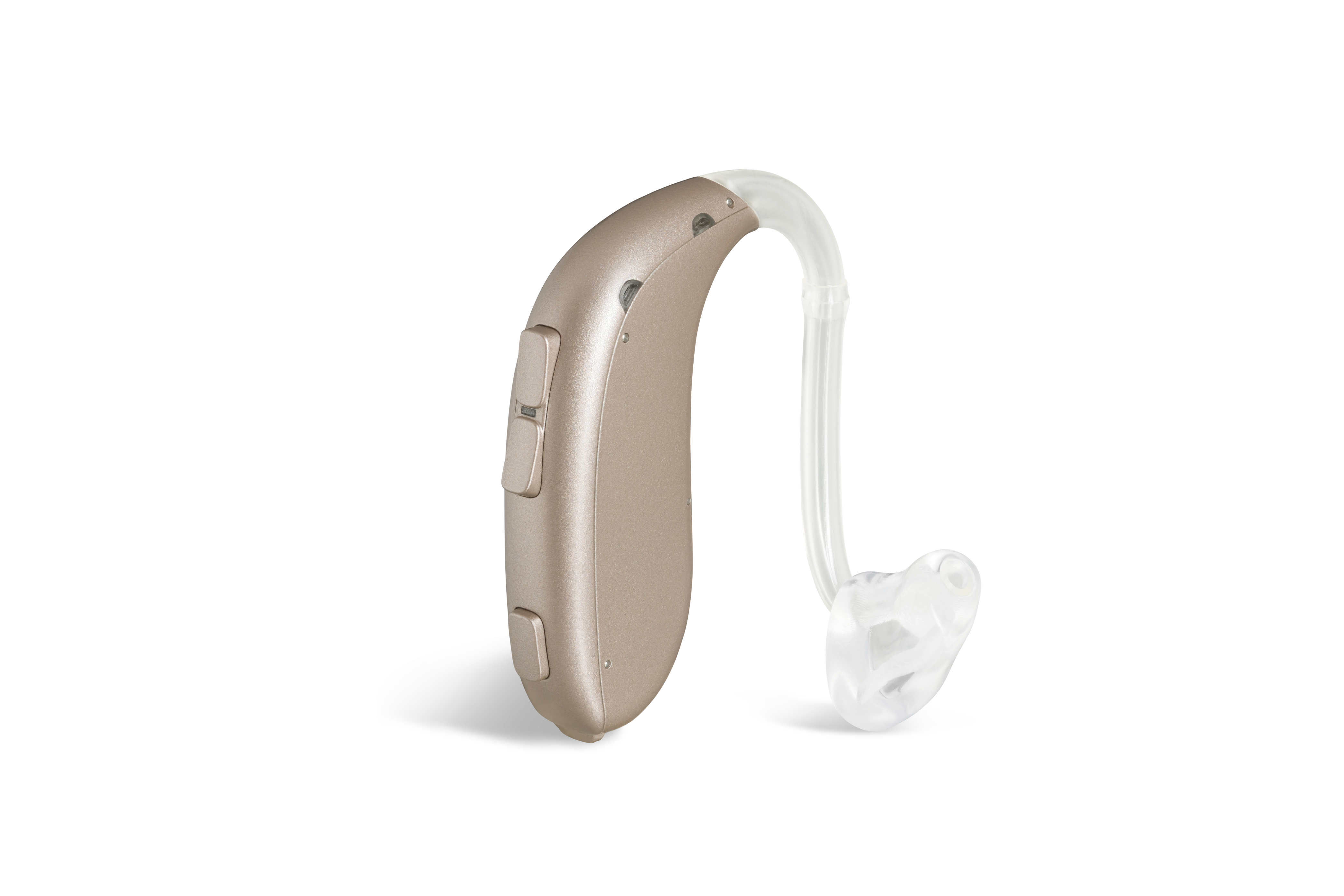 Das Hörgerät KINDduro 3110 (P) als Bauform Power HdO mit Energieversorgung Batterie auf weißem Hintergrund.