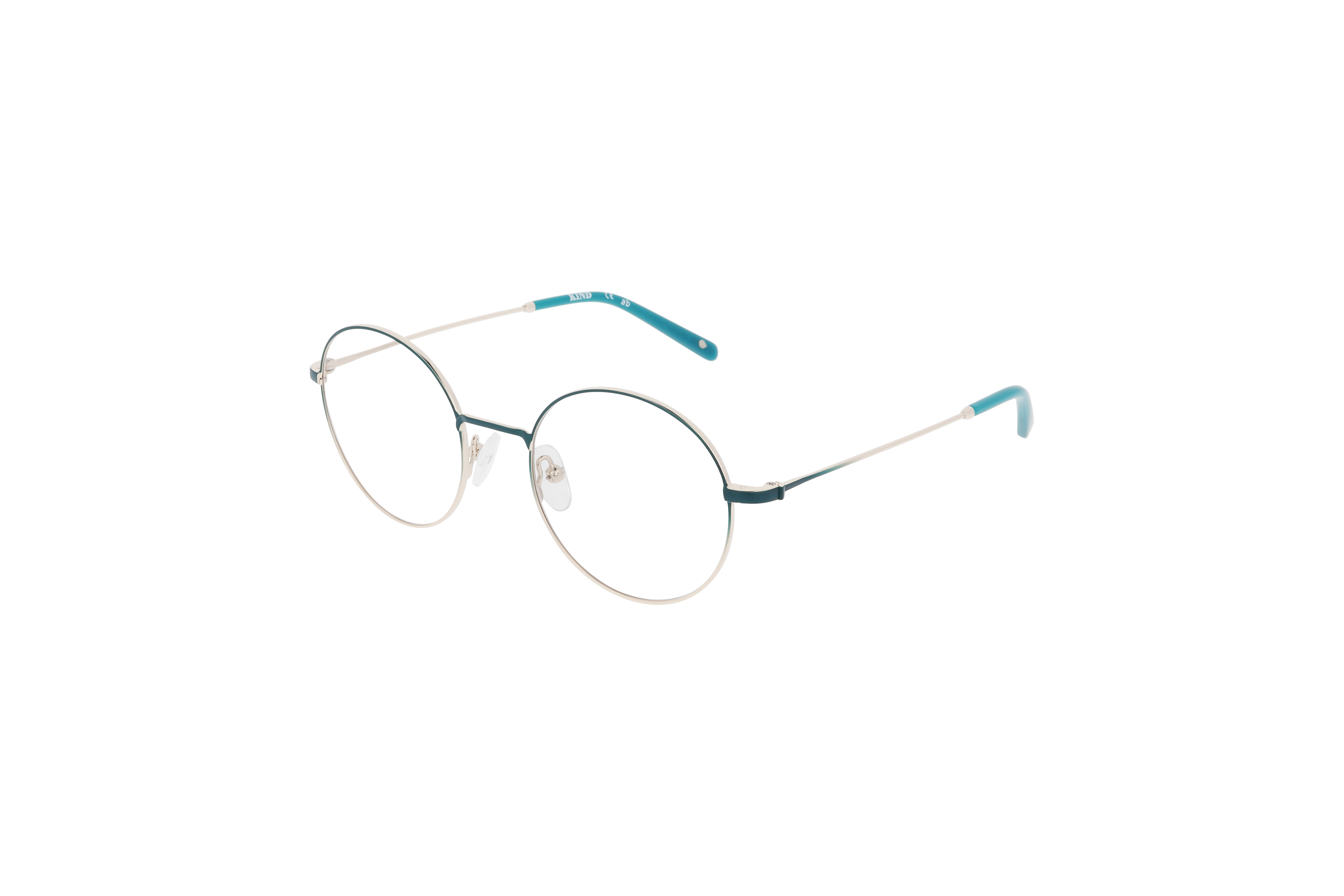 45° Ansicht der Brille KIND K1079 E25 in Türkis auf weißem Hintergrund.