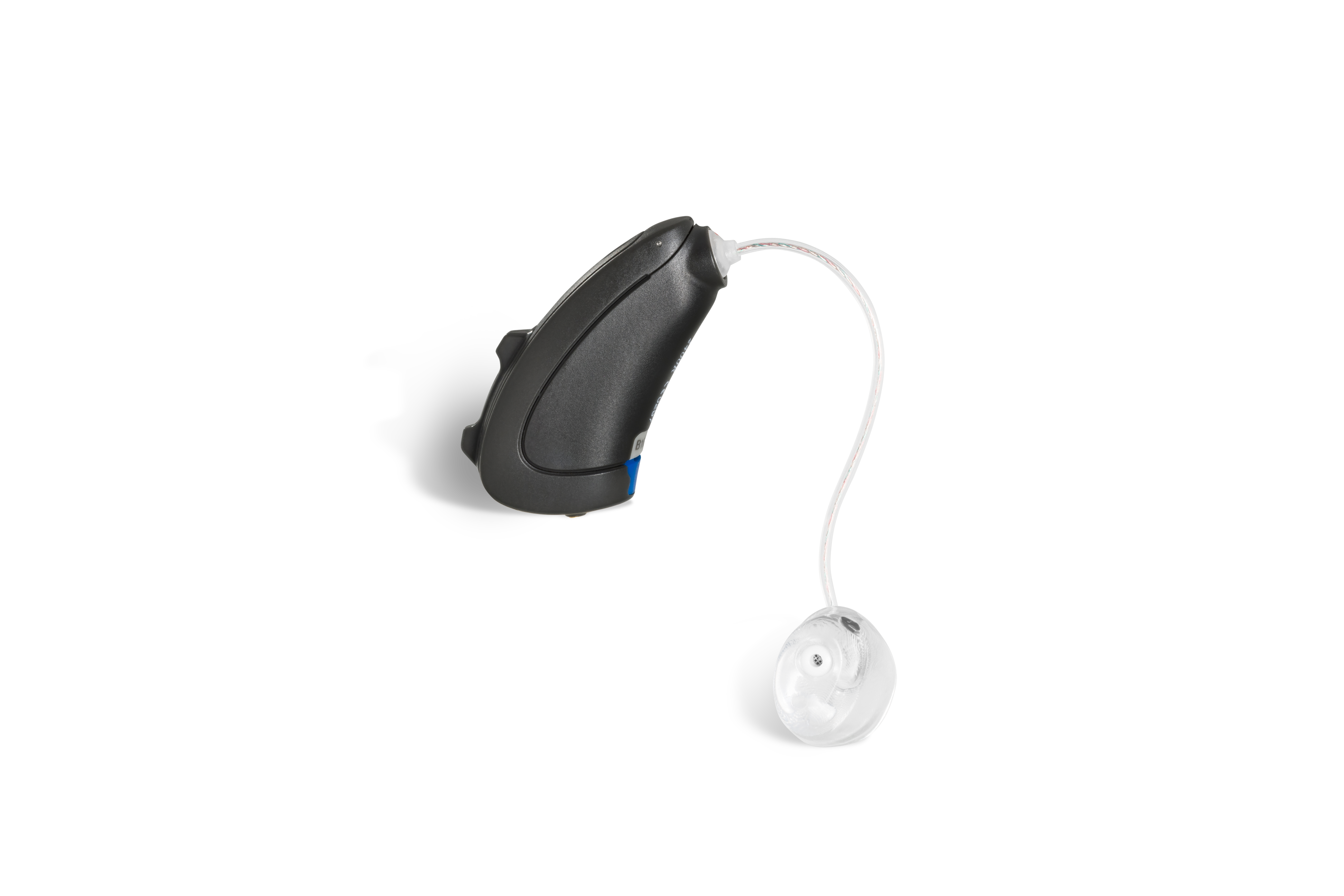 Das Hörgerät KINDwings 2400 R als Bauform HdO mit externem Hörer mit Energieversorgung Akku seitlich ausgerichtet auf weißem Hintergrund.