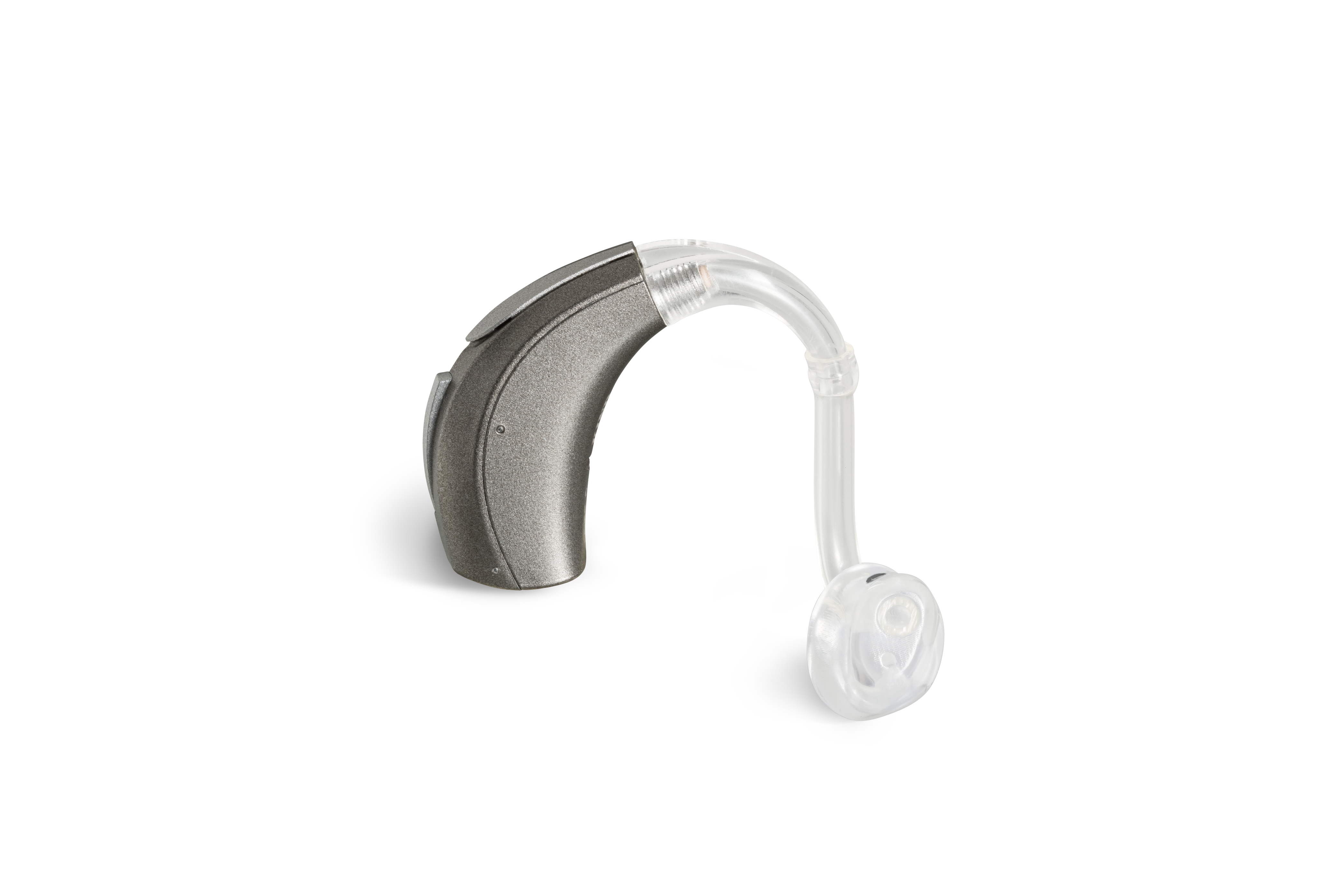 Das Hörgerät KINDvitalo 2220 R als Bauform Hinter dem Ohr mit Energieversorgung Akku seitlich ausgerichtet auf weißem Hintergrund.