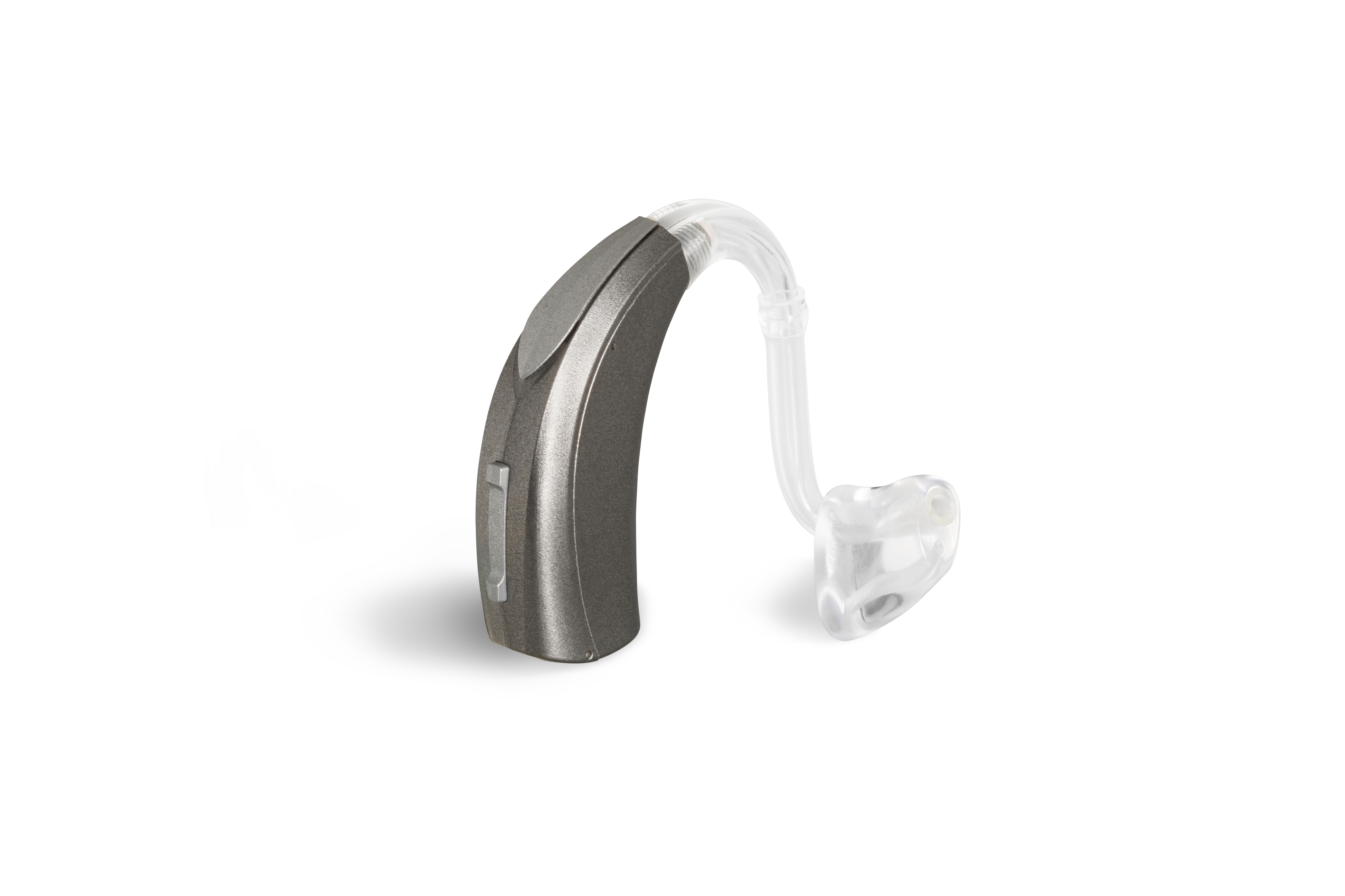 Das Hörgerät KINDvitalo 5120 als Bauform Power HdO mit Energieversorgung Batterie auf weißem Hintergrund.