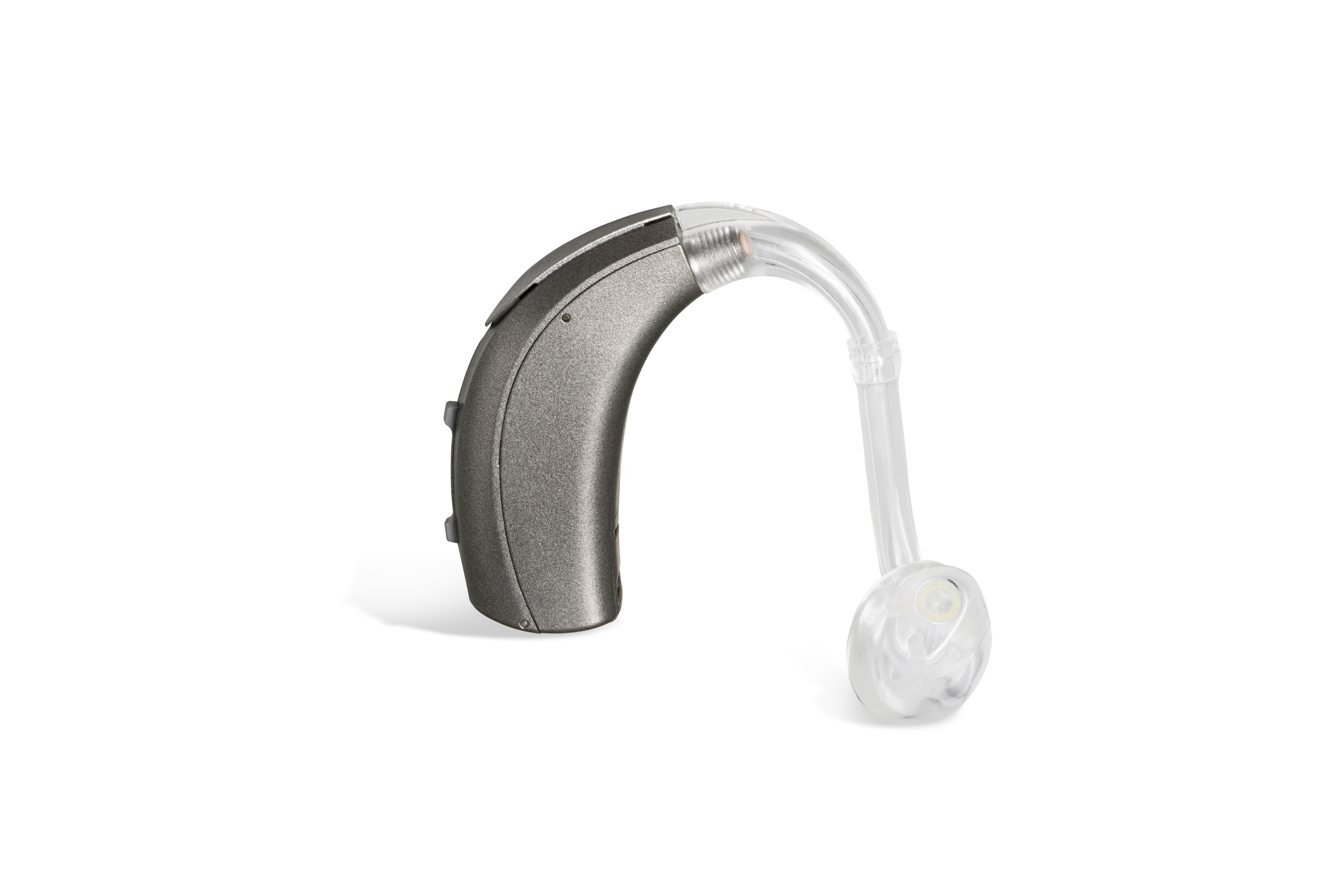 Das Hörgerät KINDvitalo 5120 als Bauform Power HdO mit Energieversorgung Batterie seitlich ausgerichtet auf weißem Hintergrund.