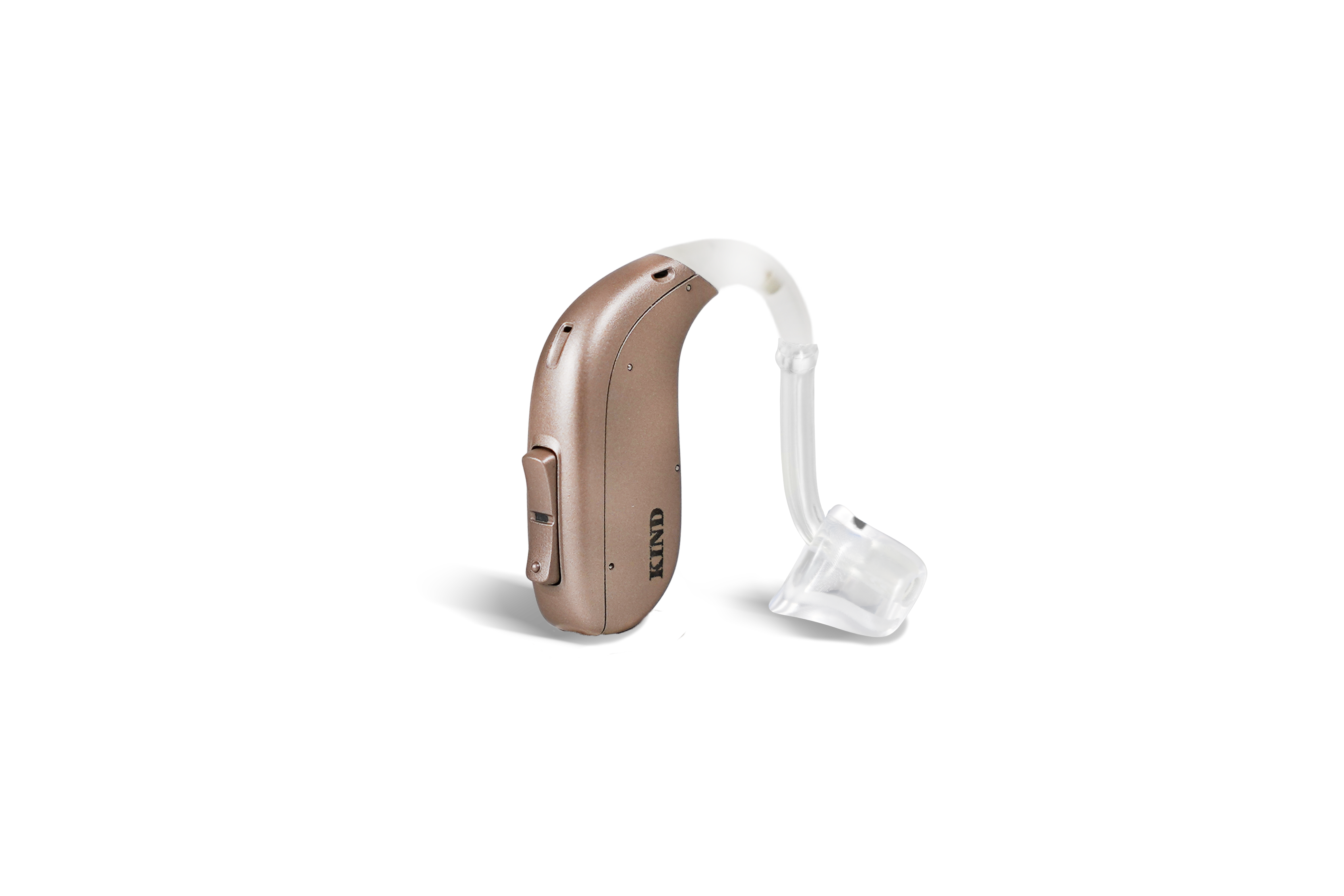 Das Hörgerät KINDduro 1200 als Bauform Hinter dem Ohr mit Energieversorgung Batterie auf weißem Hintergrund.