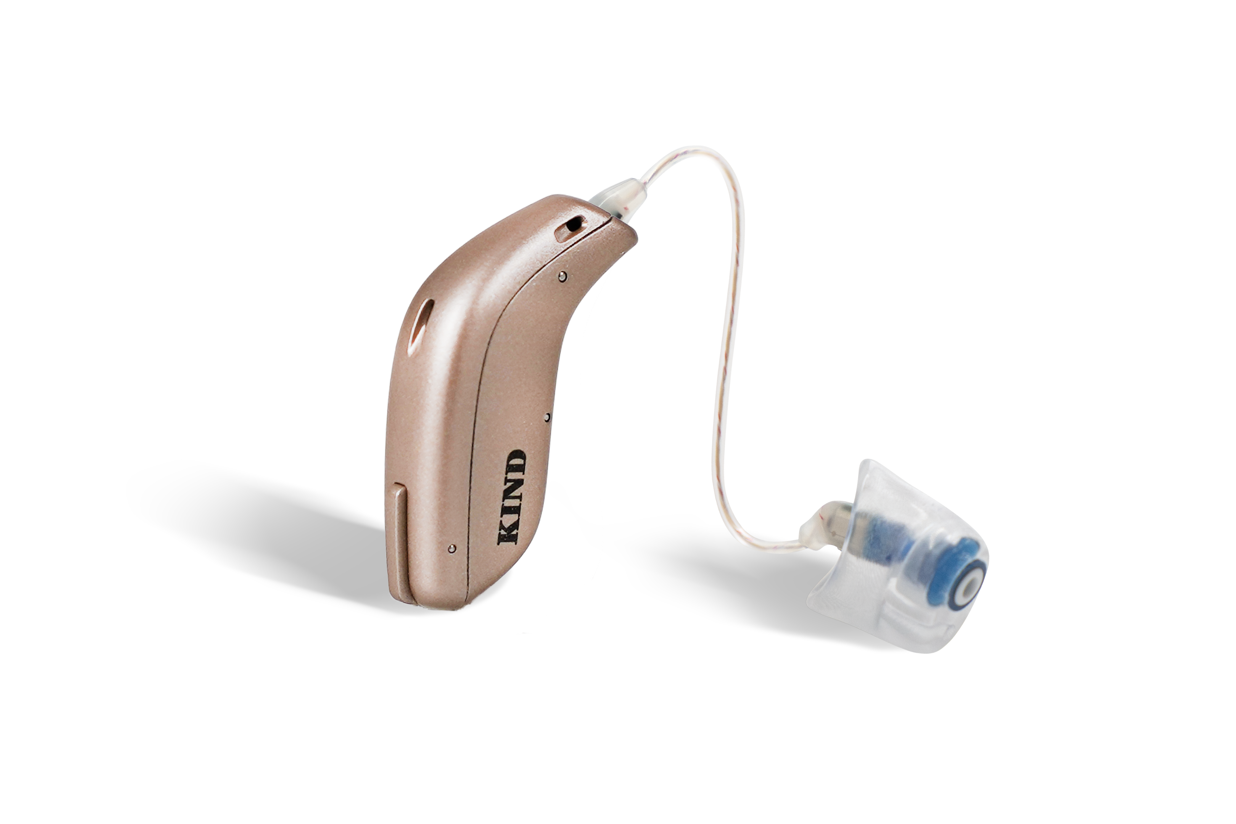 Das Hörgerät KINDduro 1400 als Bauform HdO mit externem Hörer mit Energieversorgung Batterie auf weißem Hintergrund.