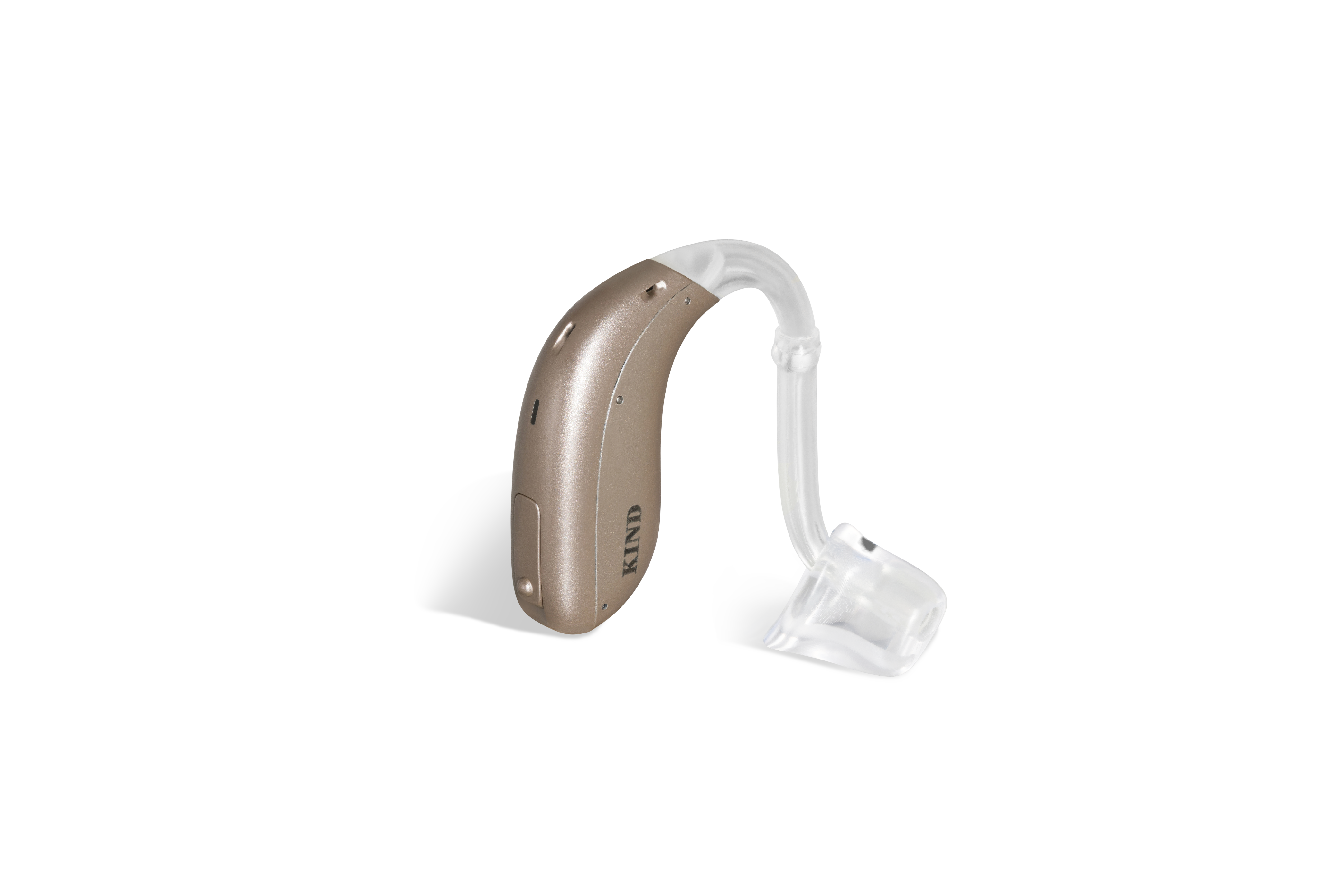 Das Hörgerät KINDsevan x 2 miniBTE C als Bauform Hinter dem Ohr mit Energieversorgung Batterie auf weißem Hintergrund.