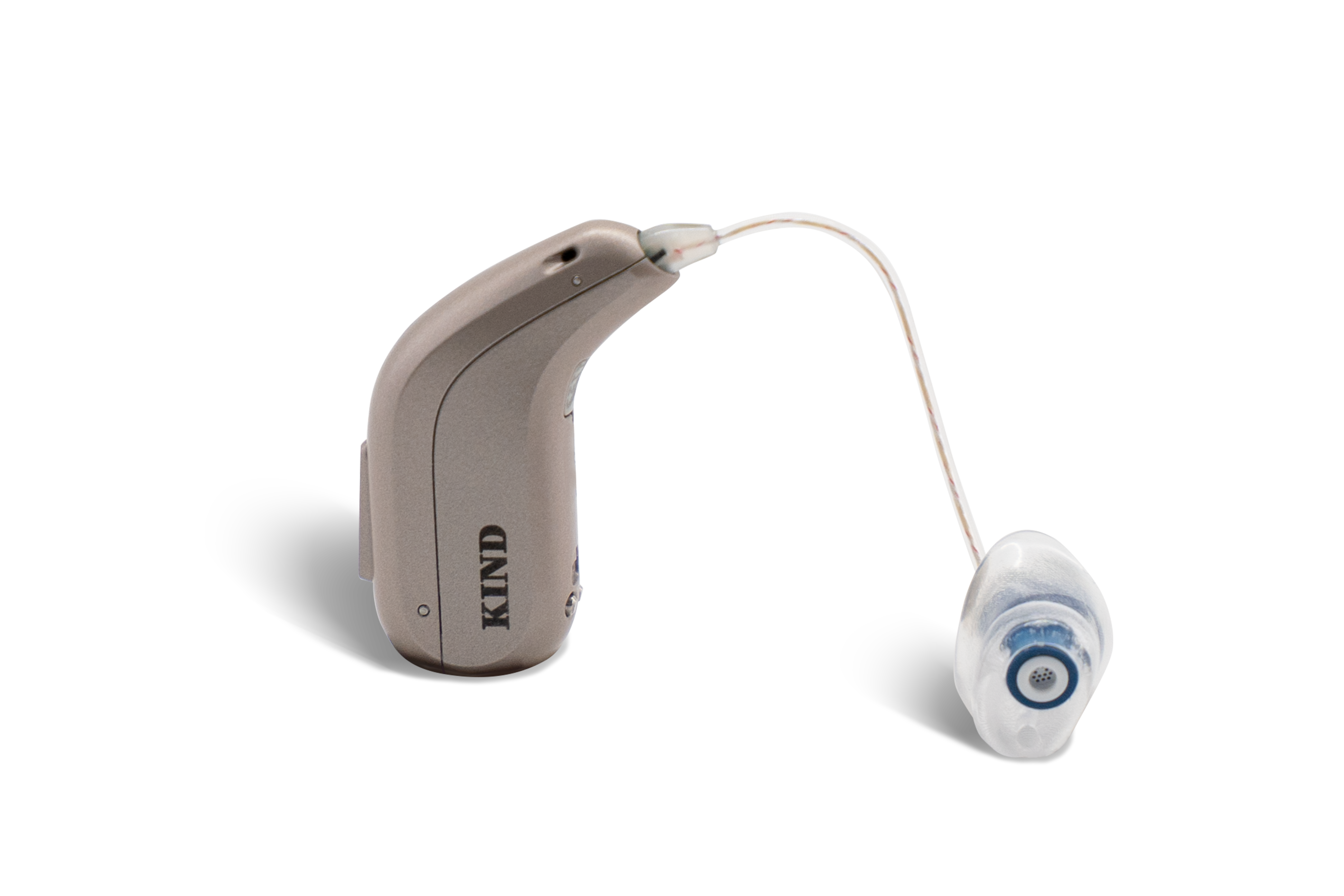 Das Hörgerät KINDsevan x 2 miniRITE R als Bauform HdO mit externem Hörer mit Energieversorgung Akku seitlich ausgerichtet auf weißem Hintergrund.