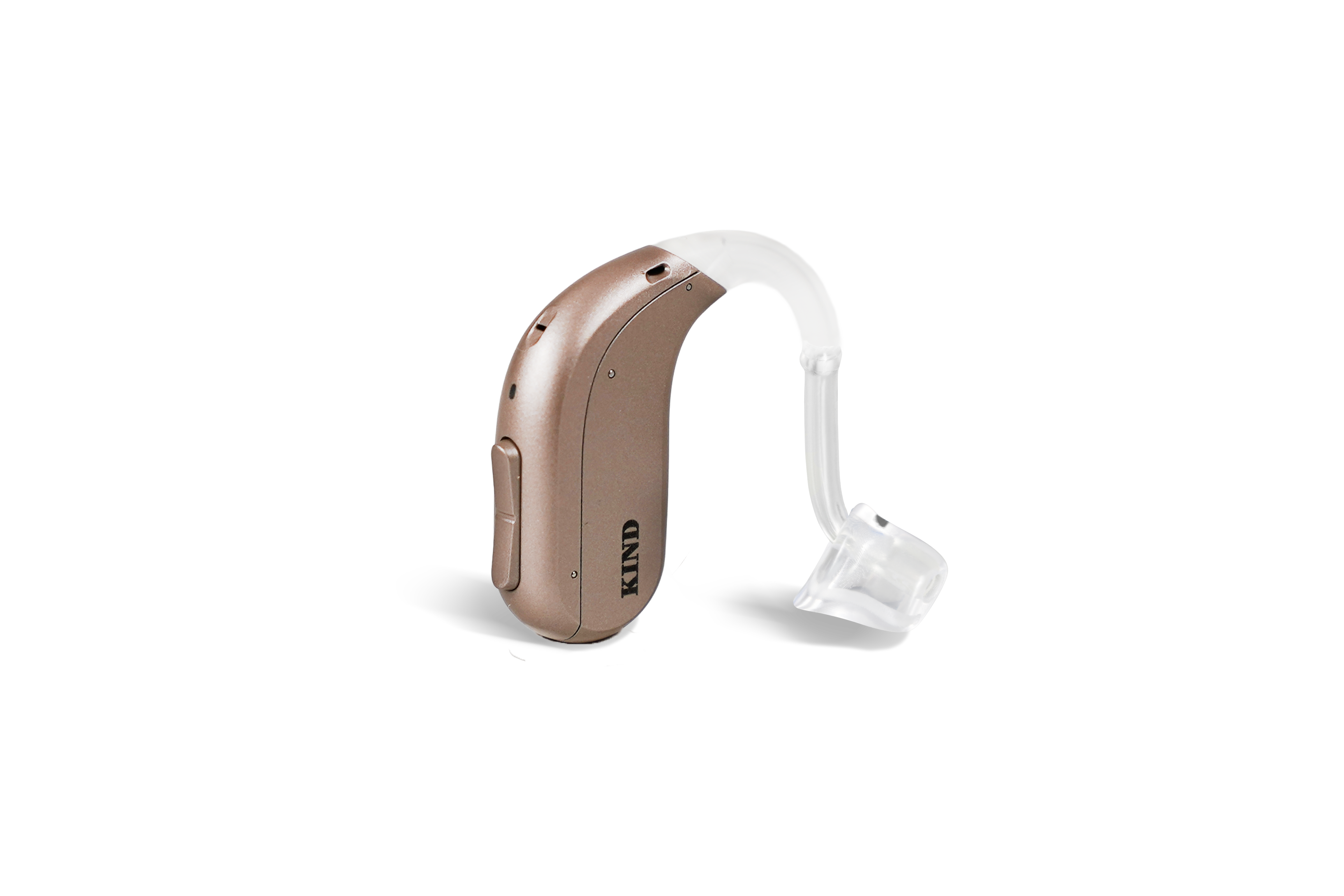 Das Hörgerät KINDsevan 3 miniBTE R als Bauform Hinter dem Ohr mit Energieversorgung Akku auf weißem Hintergrund.