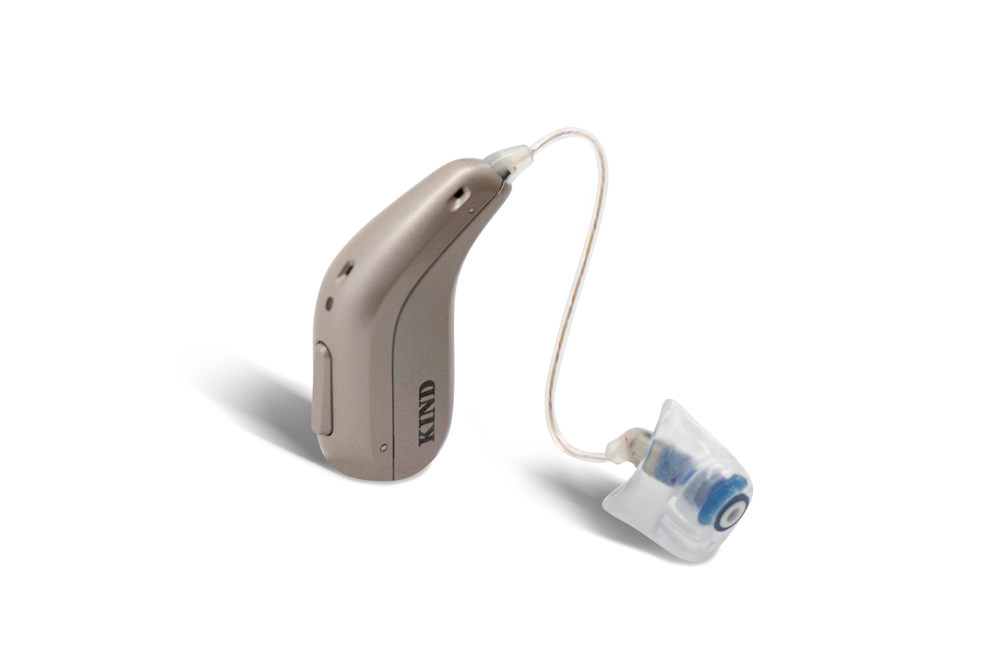 Das Hörgerät KINDsevan x 1 miniRITE R als Bauform HdO mit externem Hörer mit Energieversorgung Akku auf weißem Hintergrund.