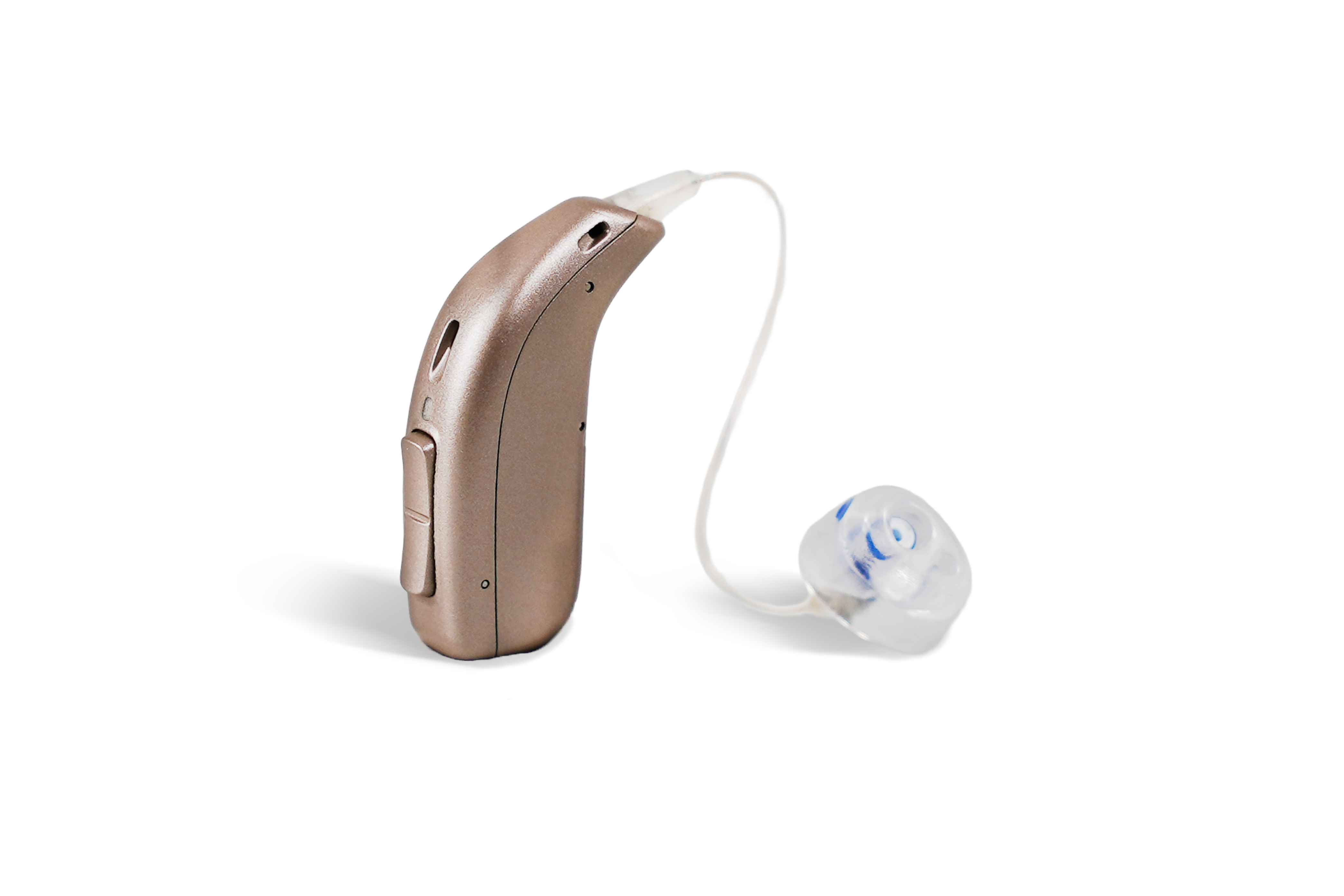 Das Hörgerät KINDsevan x 1 miniRITE C als Bauform HdO mit externem Hörer mit Energieversorgung Batterie auf weißem Hintergrund.