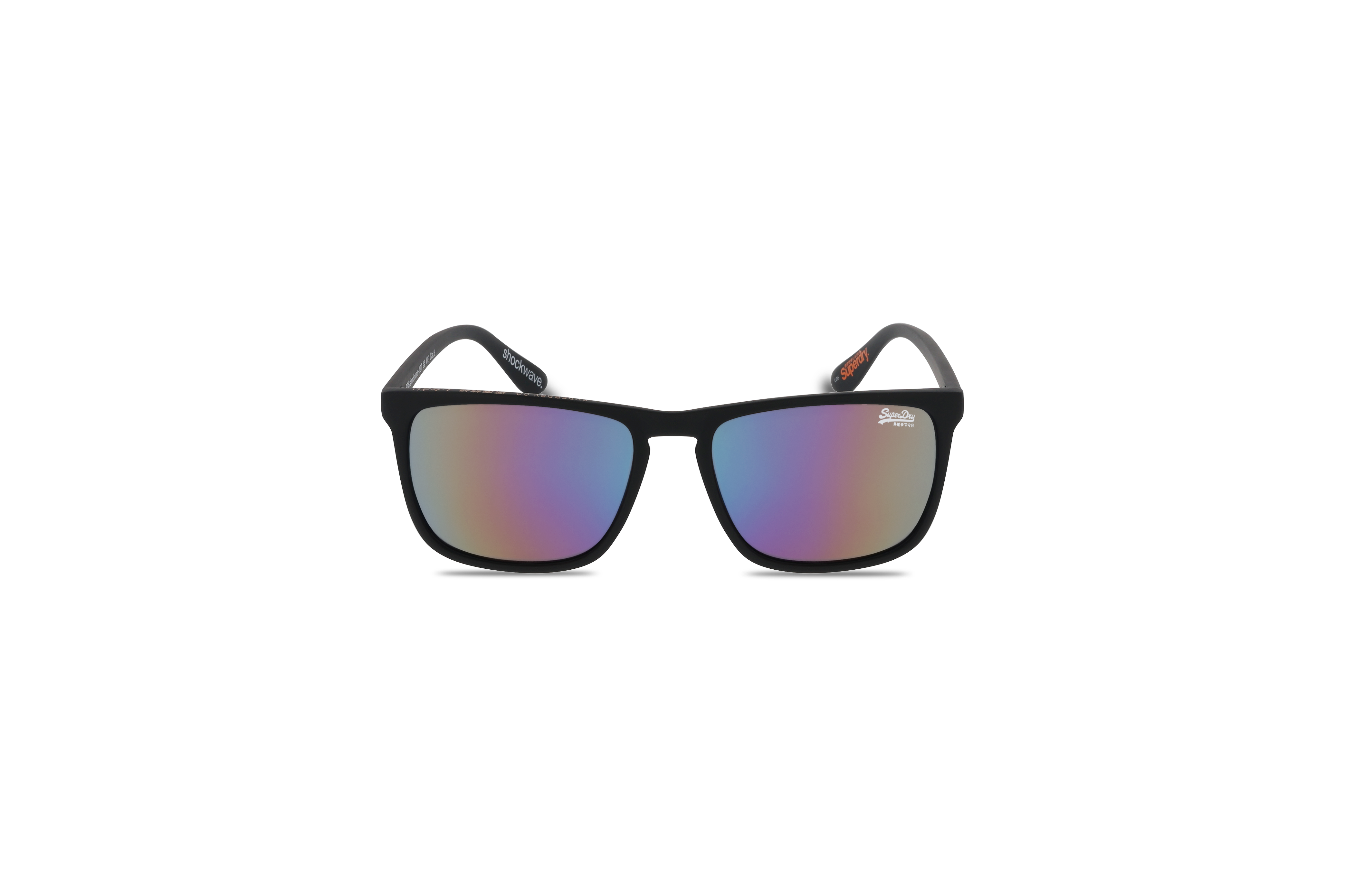 Die Sonnenbrille Super Dry SHOCKWAVE in Schwarz auf weißem Hintergrund in Frontalansicht.