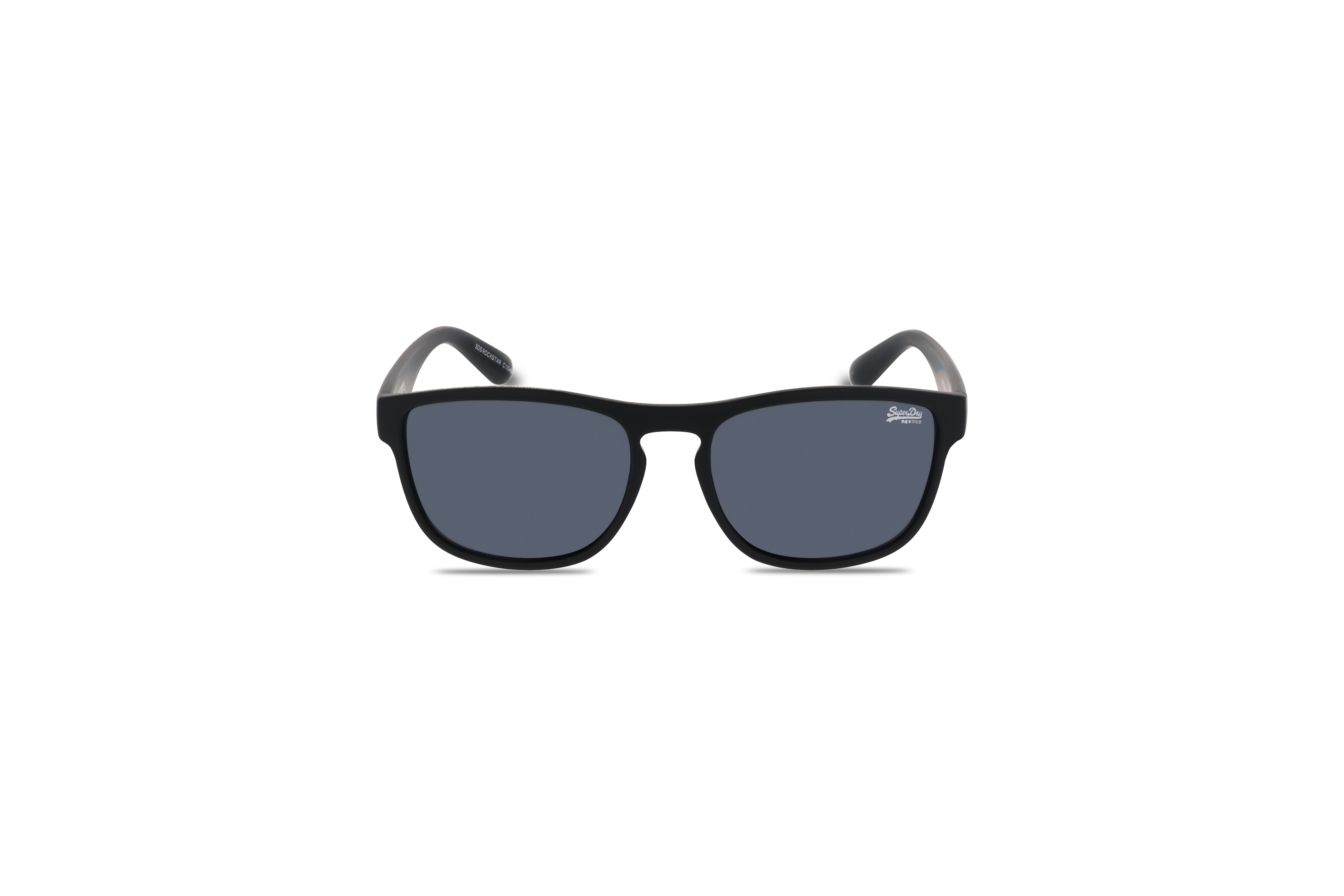 Die Sonnenbrille Super Dry ROCKSTAR in Schwarz auf weißem Hintergrund in Frontalansicht.