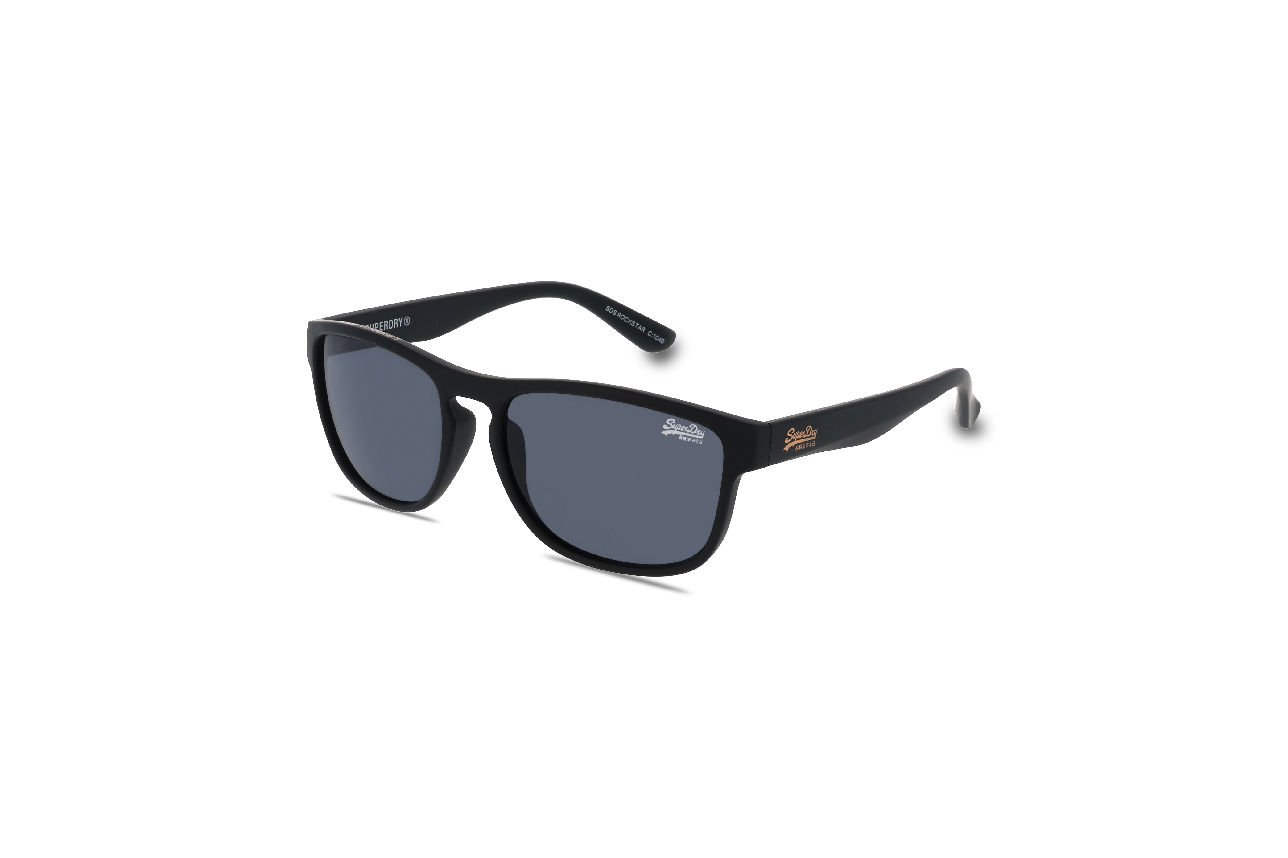 45° Ansicht der Sonnenbrille Super Dry ROCKSTAR in Schwarz auf weißem Hintergrund.