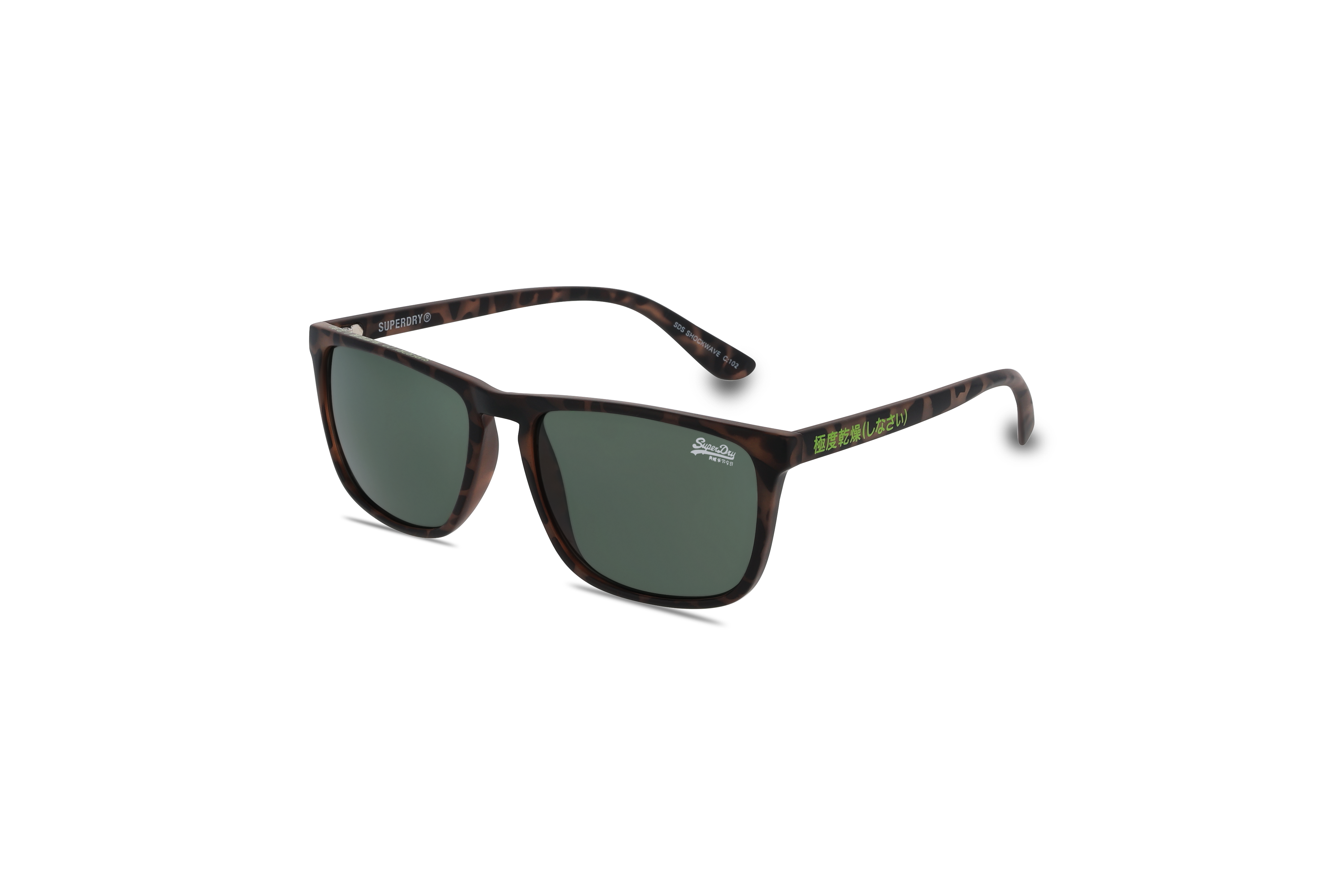 45° Ansicht der Sonnenbrille Super Dry SHOCKWAVE in Havanna auf weißem Hintergrund.