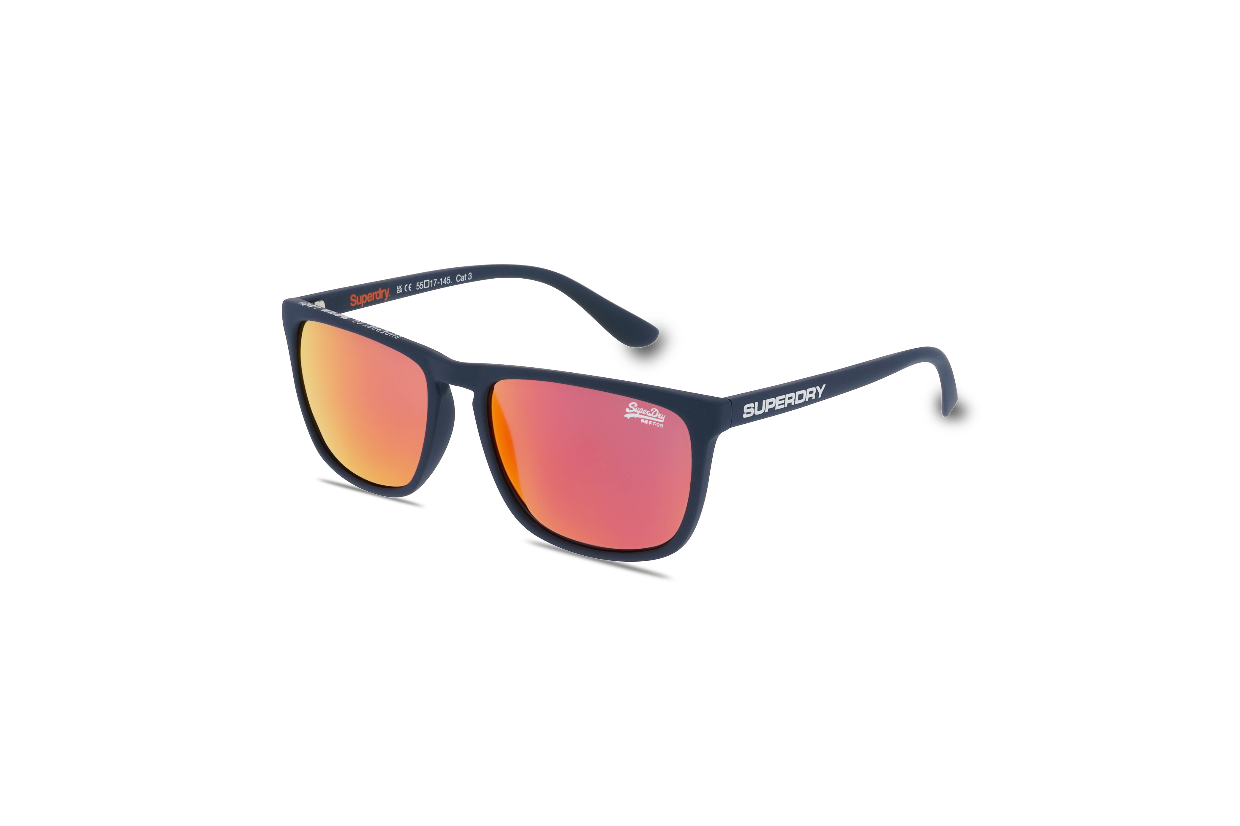 45° Ansicht der Sonnenbrille Super Dry SHOCKWAVE in Blau auf weißem Hintergrund.