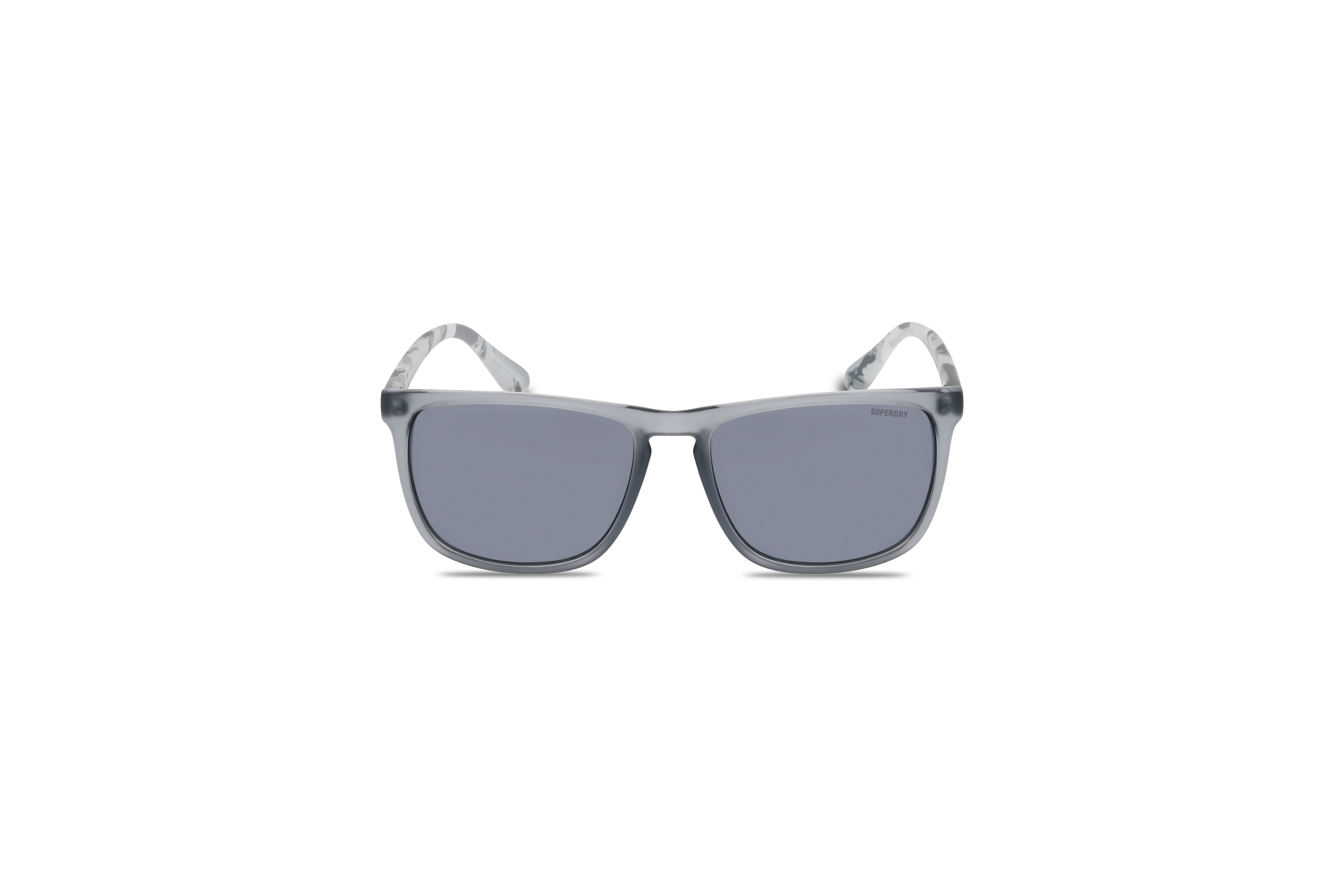 Die Sonnenbrille Super Dry SHOCKWAVE in Grau auf weißem Hintergrund in Frontalansicht.