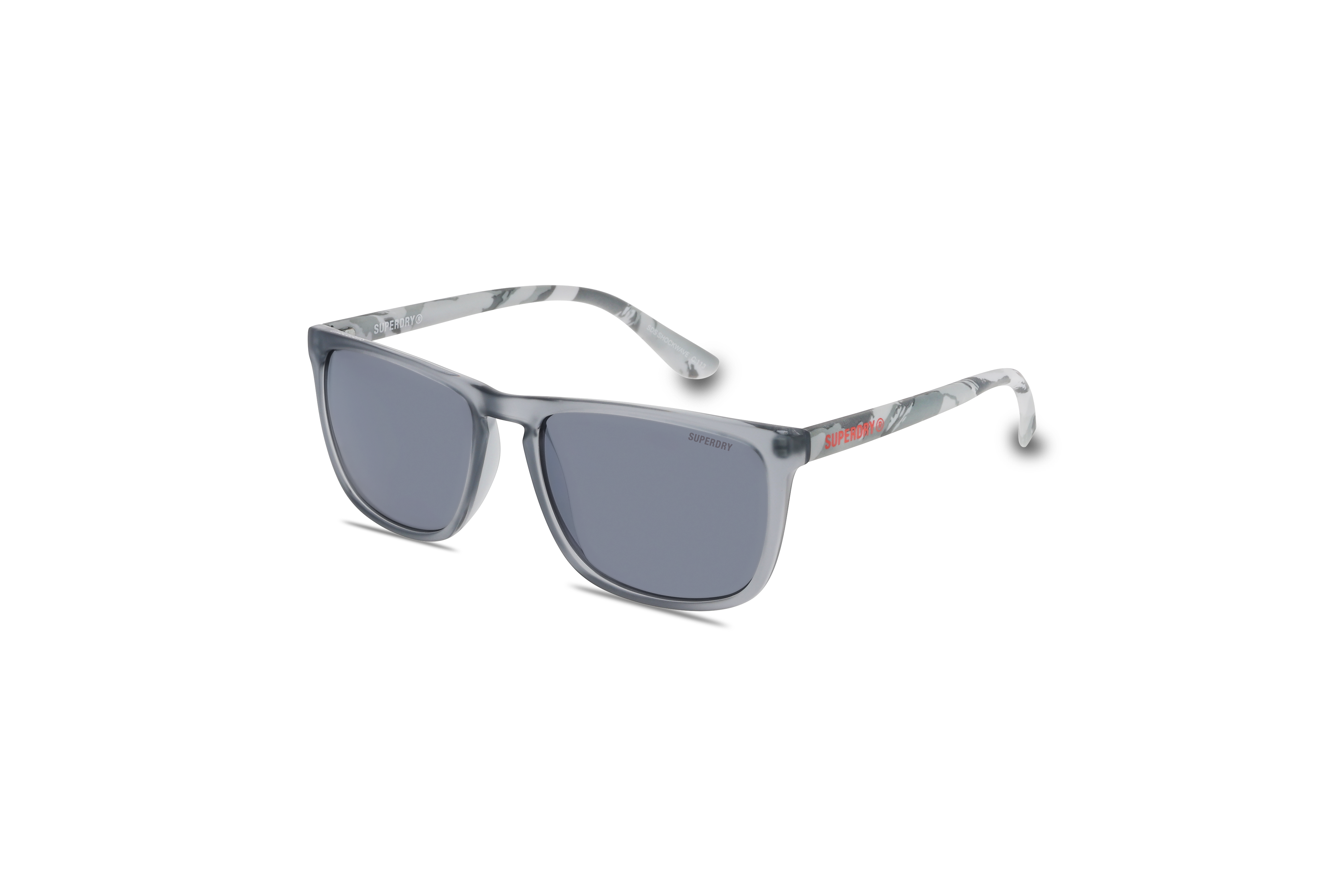 45° Ansicht der Sonnenbrille Super Dry SHOCKWAVE in Grau auf weißem Hintergrund.