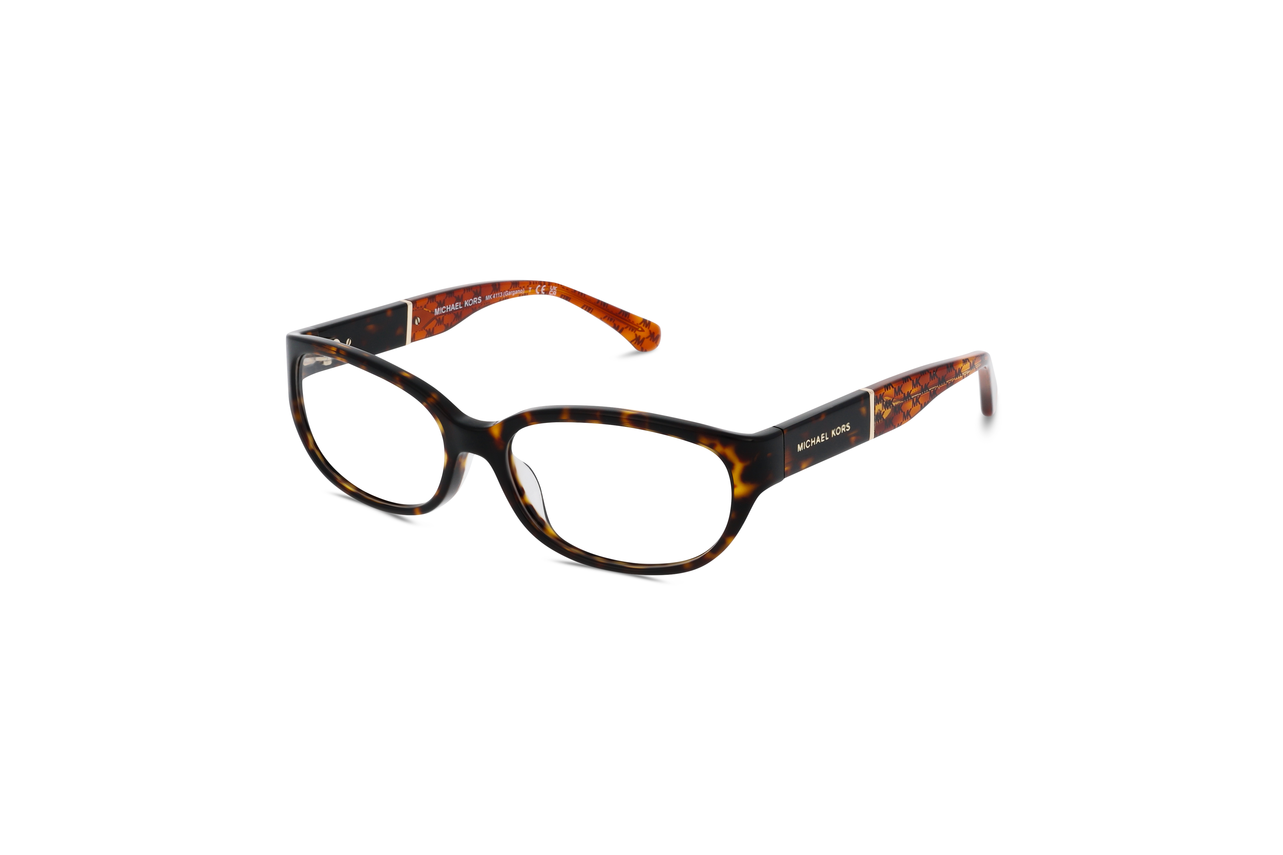 45° Ansicht der Brille Michael Kors MK4113 in Havanna auf weißem Hintergrund.