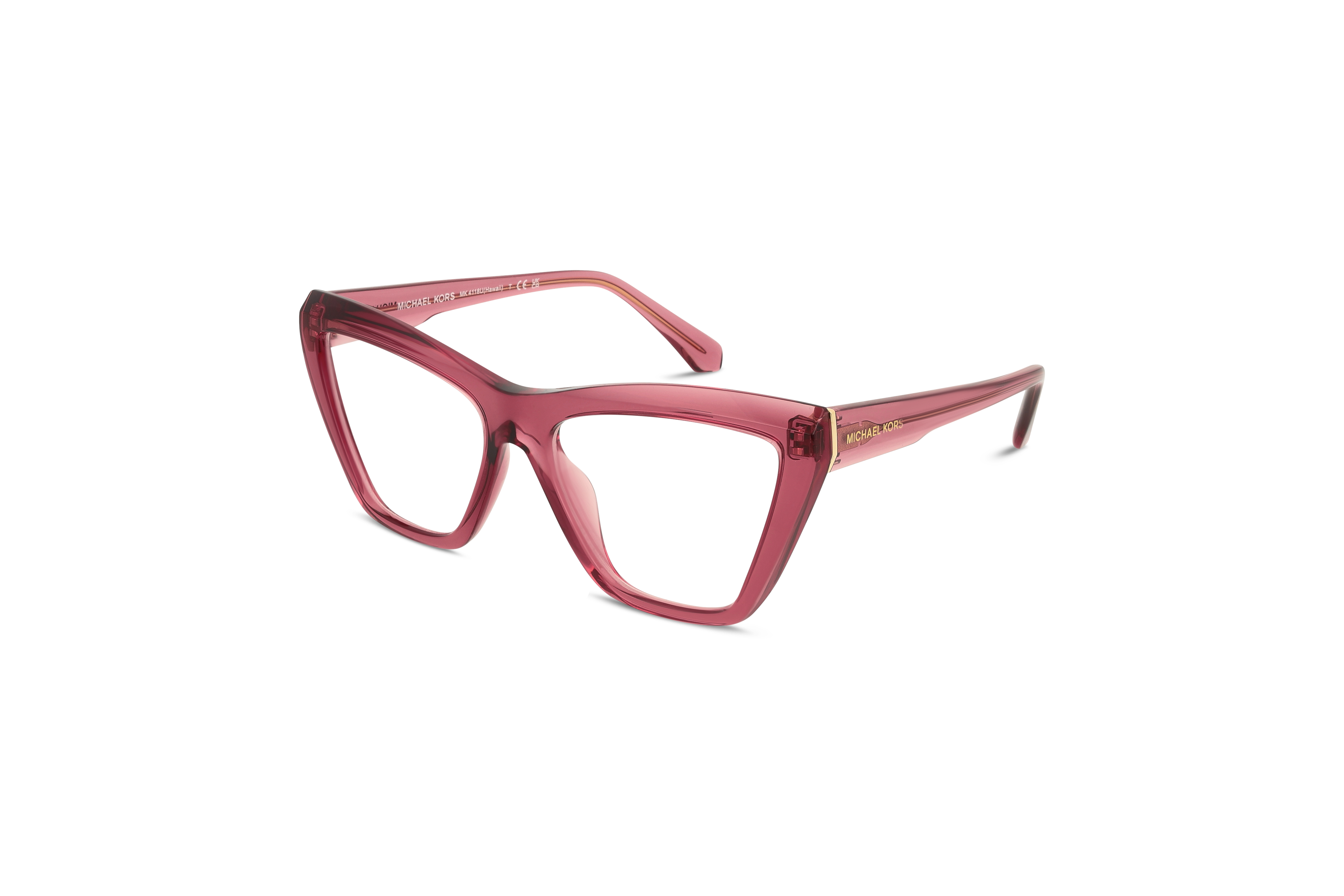 45° Ansicht der Brille Michael Kors MK4118U in Transparent auf weißem Hintergrund.