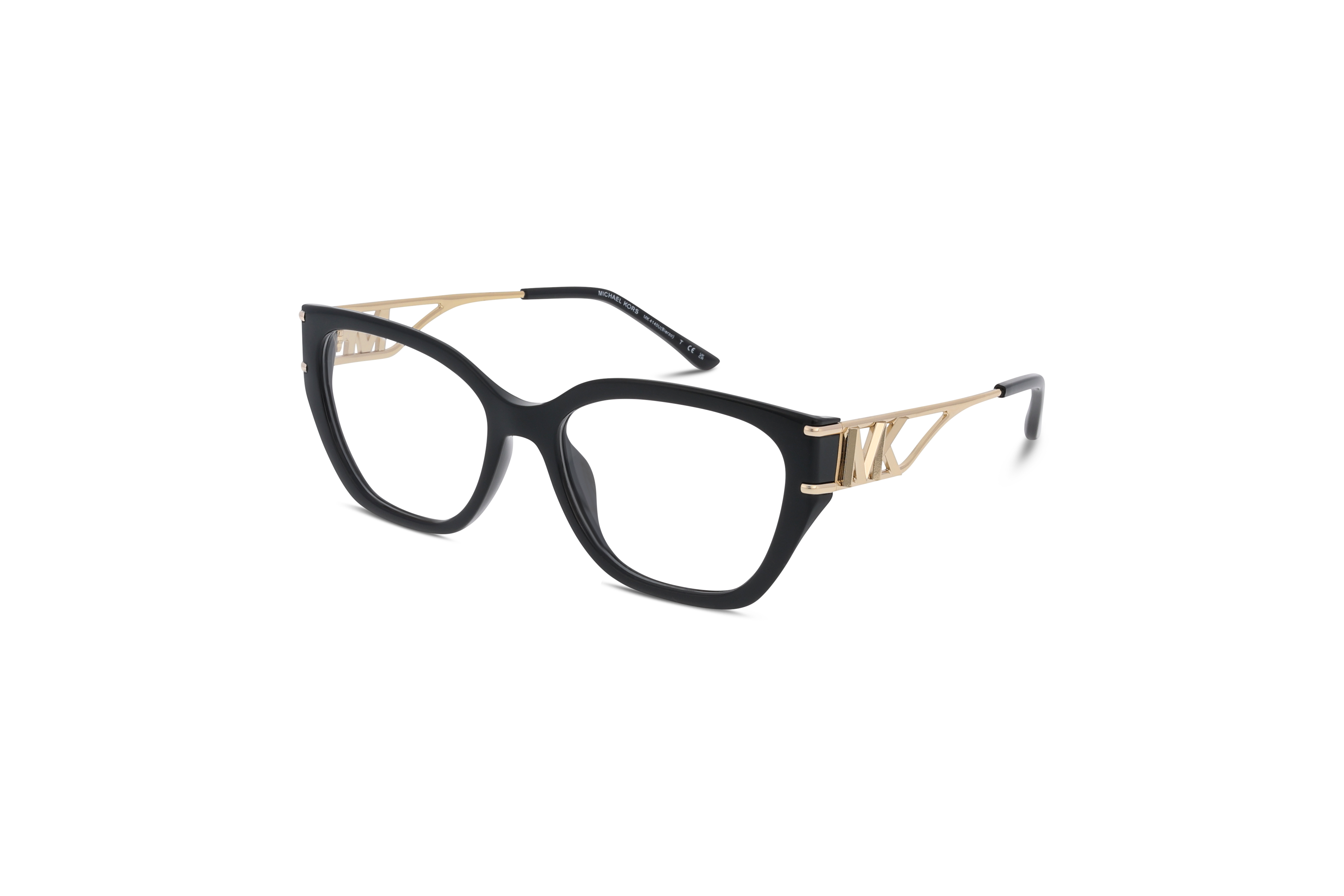 45° Ansicht der Brille Michael Kors MK4140U in Schwarz auf weißem Hintergrund.