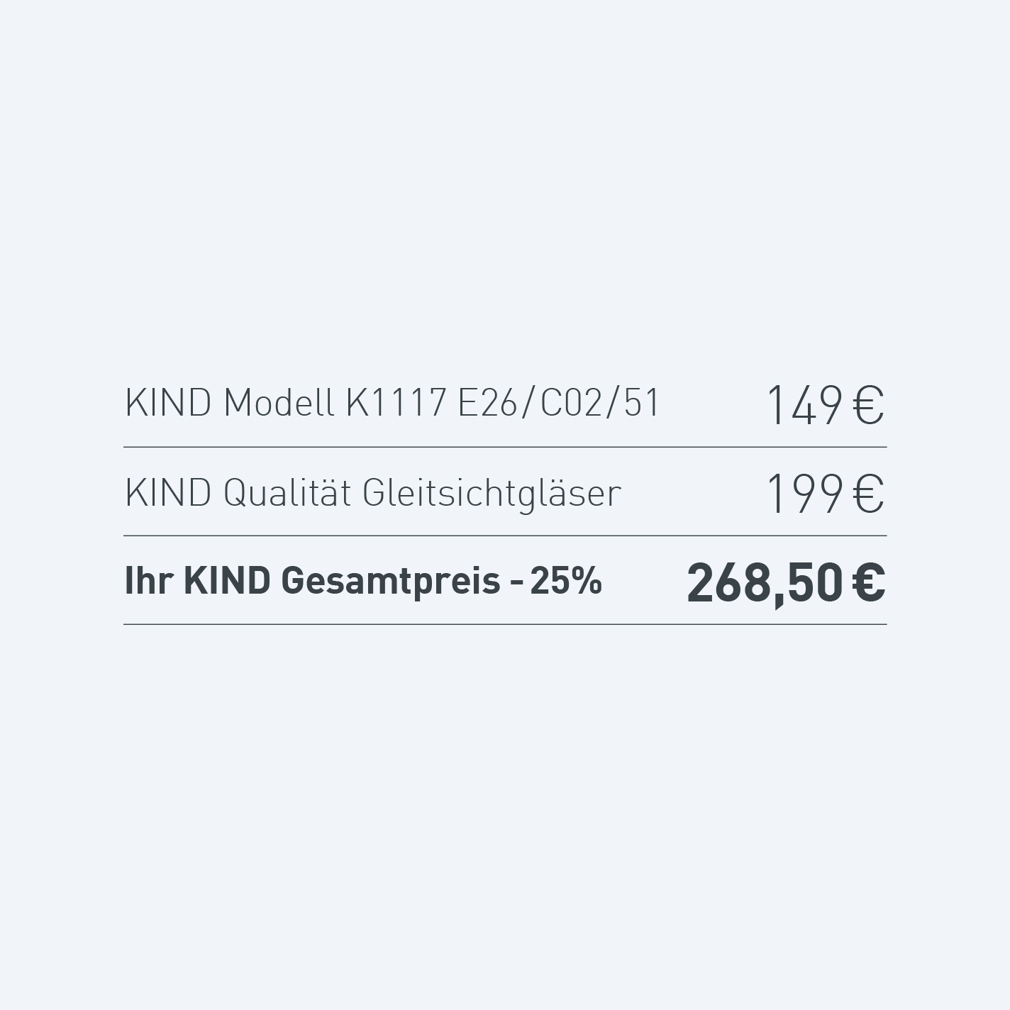 Preisbeispiel für eine KIND Brille mit Gleitsichtgläsern und 25 % Rabatt.