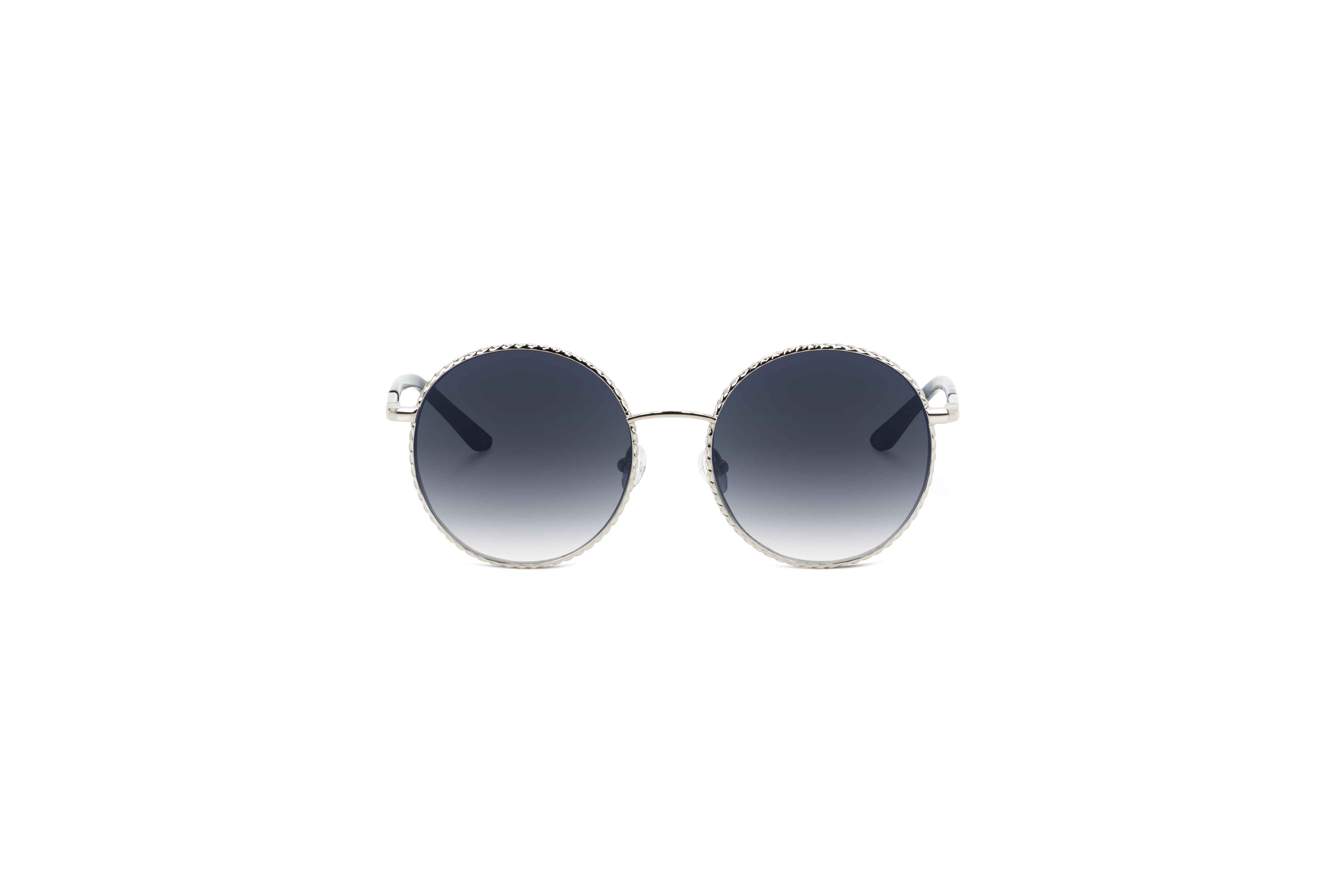 Die Sonnenbrille KIND Röm in Silber auf weißem Hintergrund in Frontalansicht.