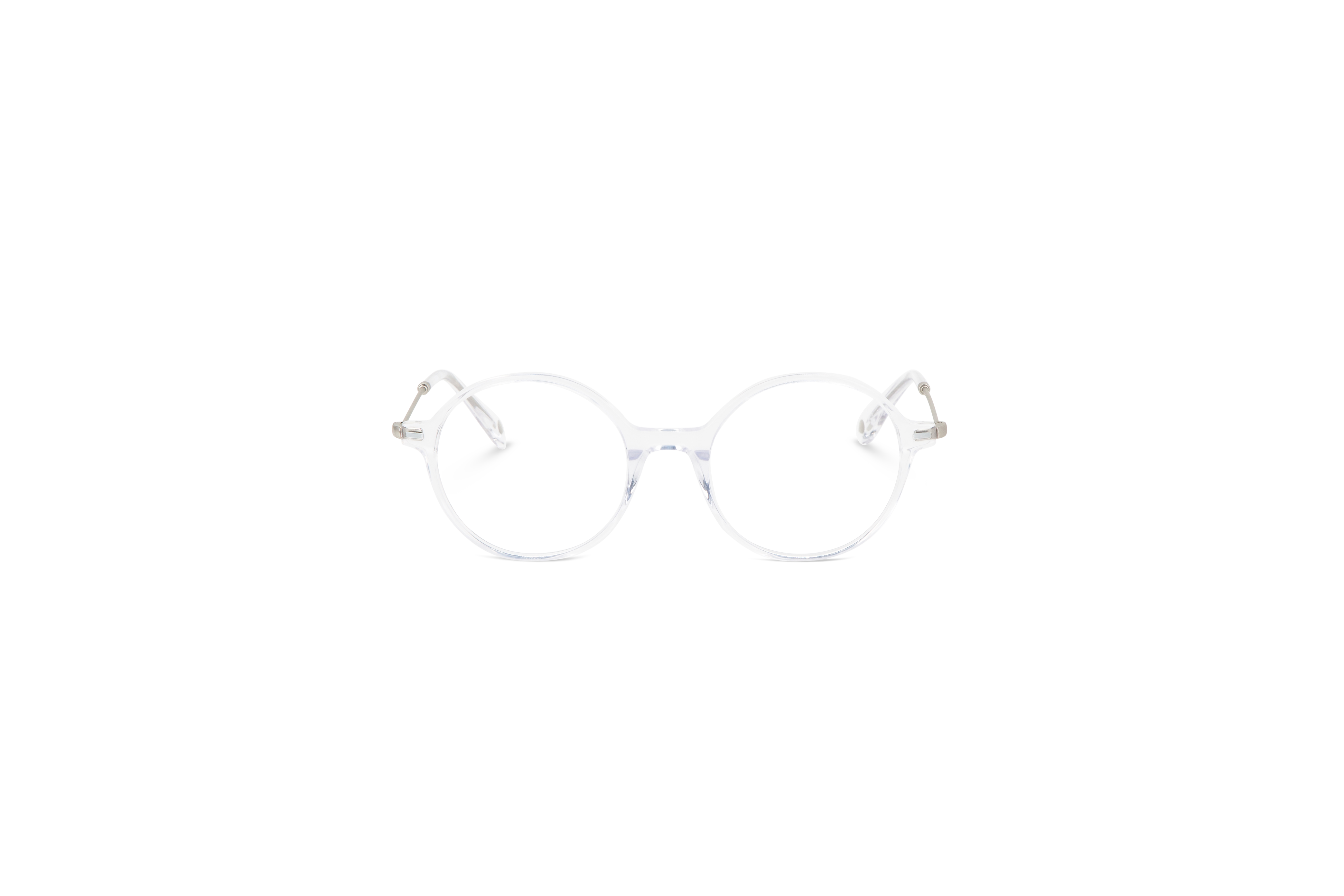 Die Brille KIND Lolland in Transparent auf weißem Hintergrund in Frontalansicht.