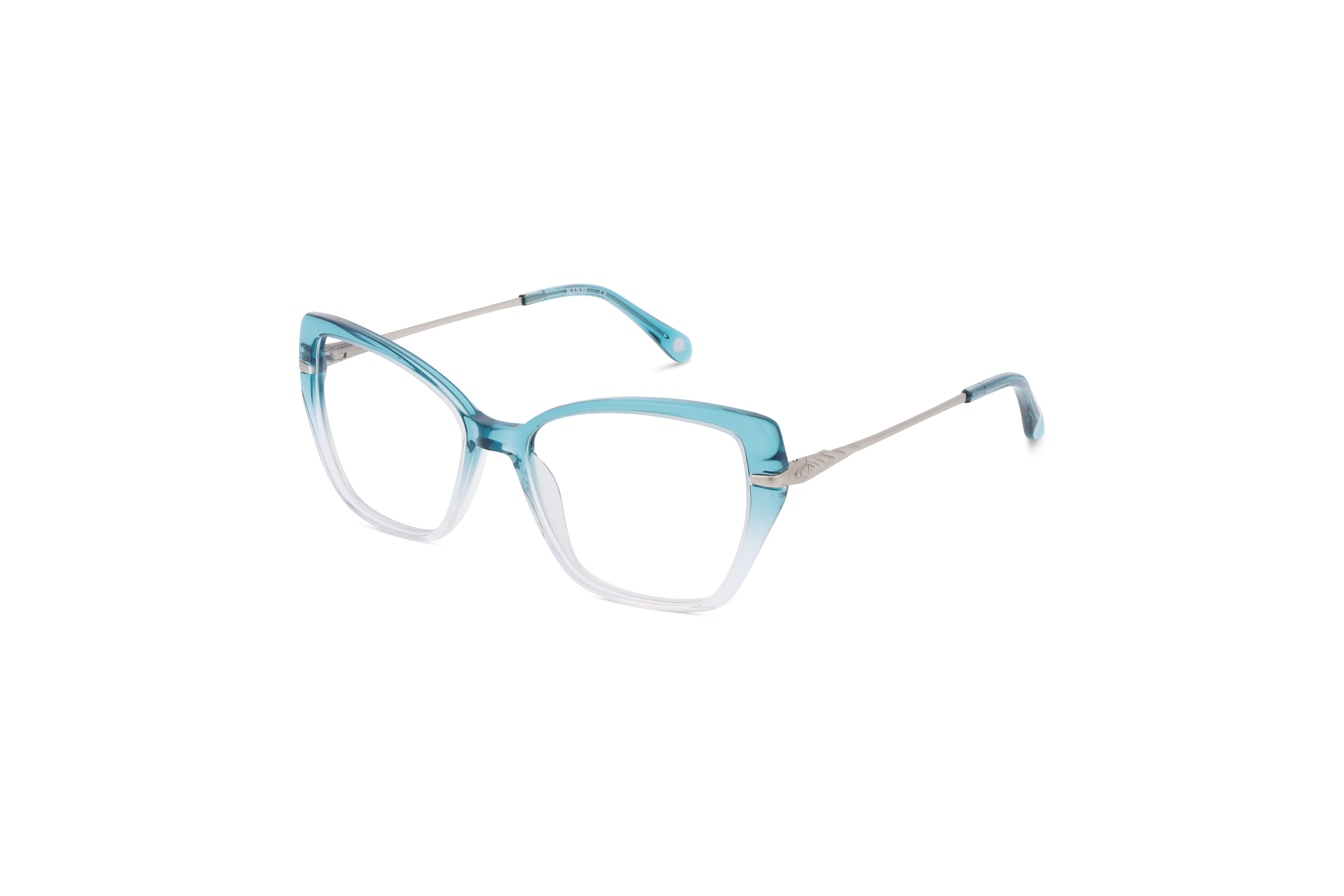 45° Ansicht der Brille KIND Maas in Türkis auf weißem Hintergrund.