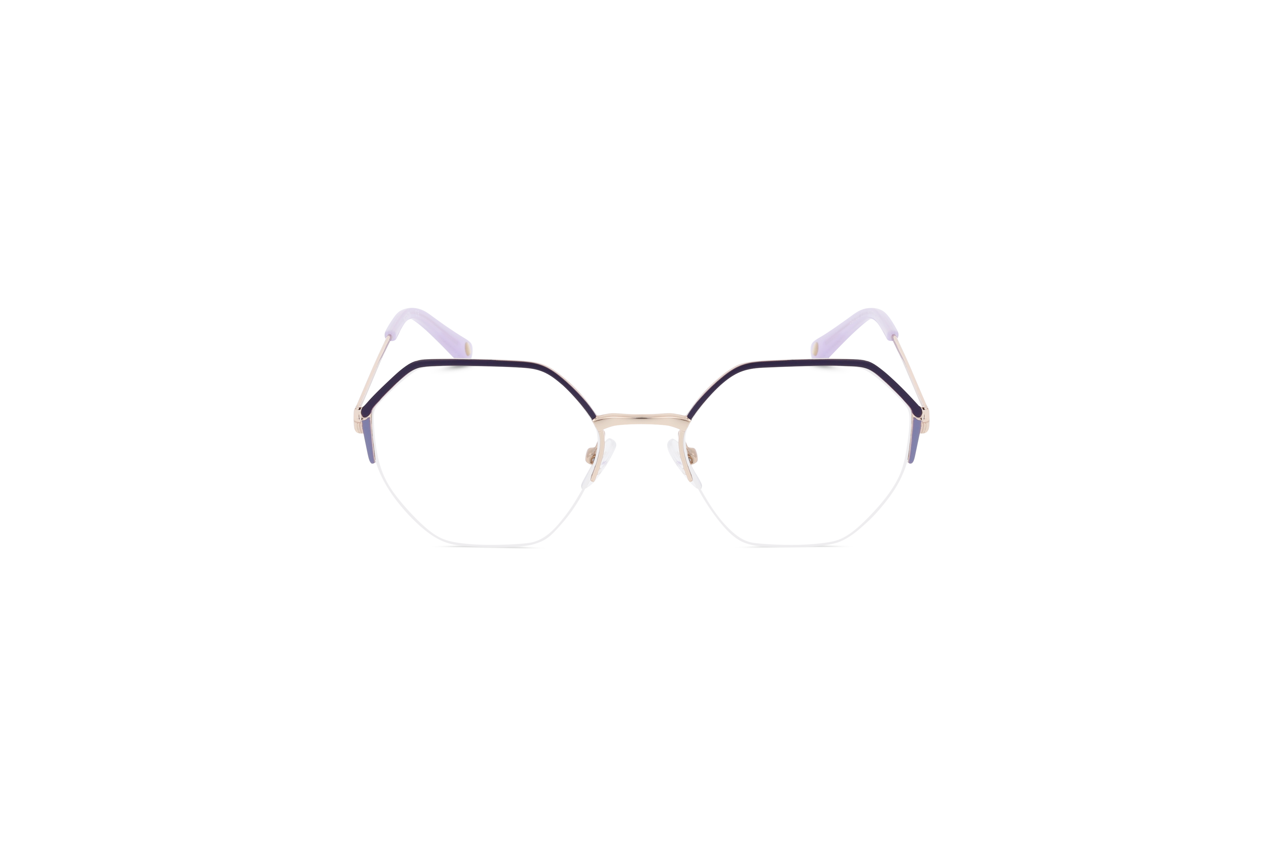 Die Brille KIND Spree in Violett auf weißem Hintergrund in Frontalansicht.