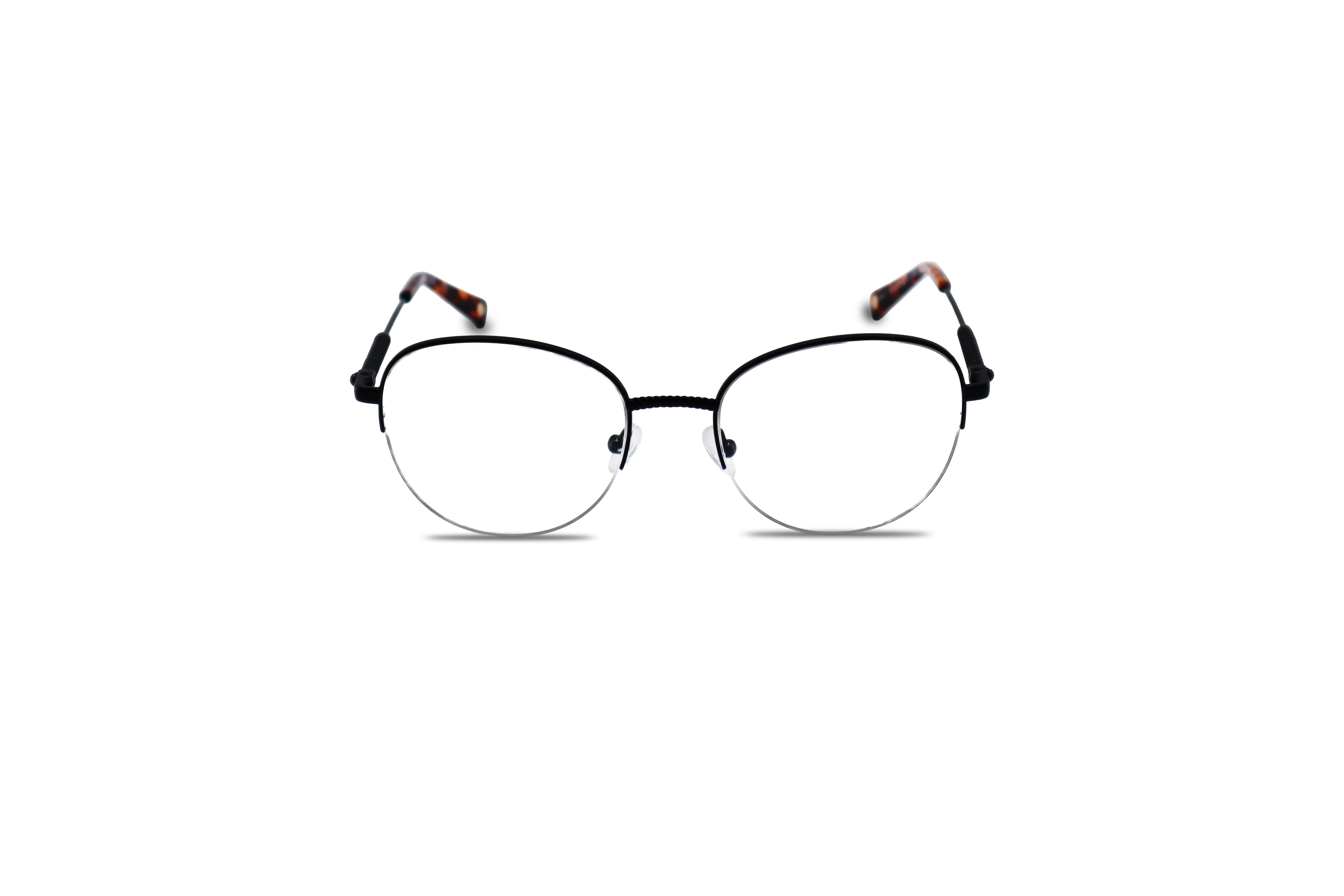 Die Brille KIND K1073 E25 in Schwarz auf weißem Hintergrund in Frontalansicht.