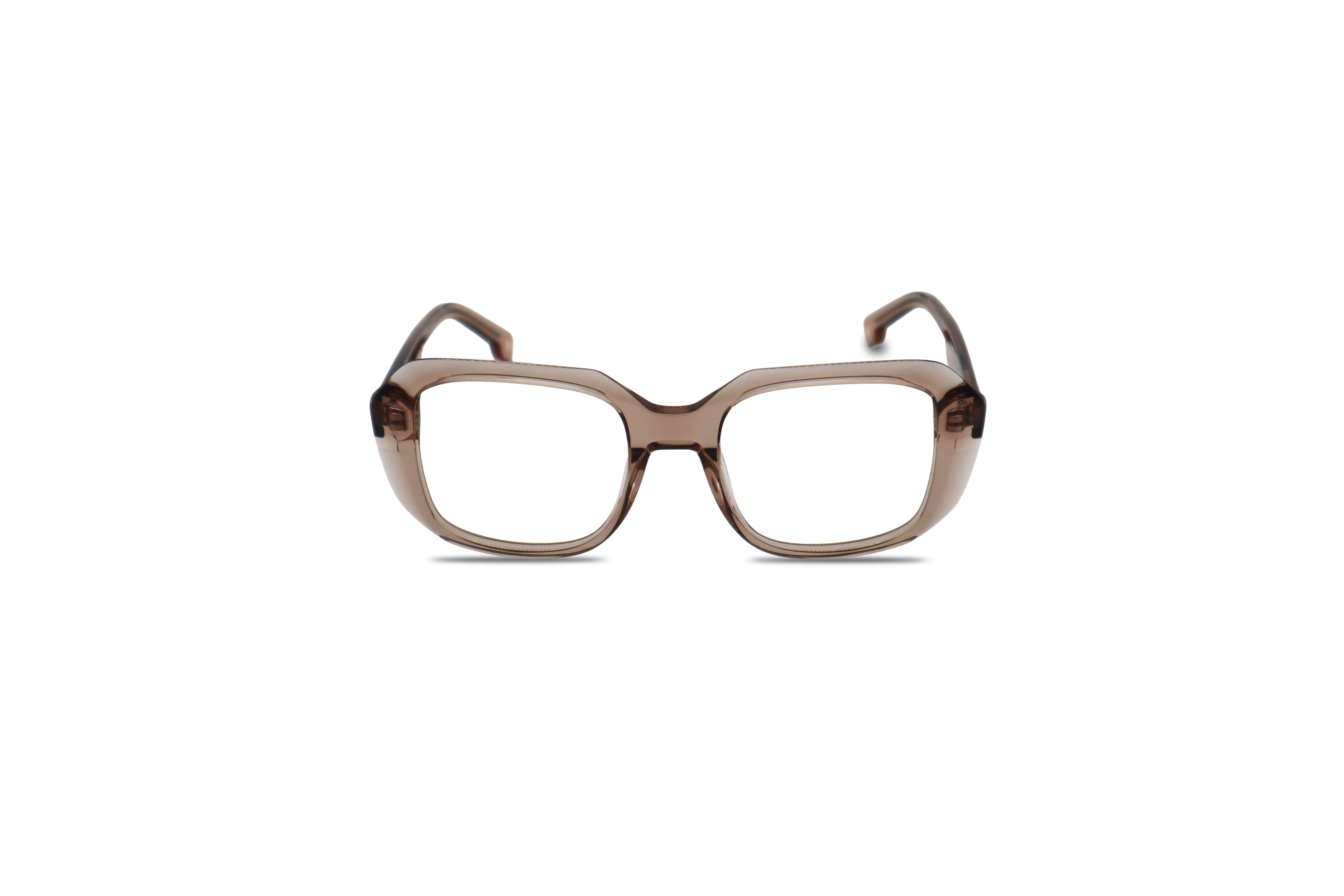 Die Brille KIND K1085 E25 in Transparent auf weißem Hintergrund in Frontalansicht.