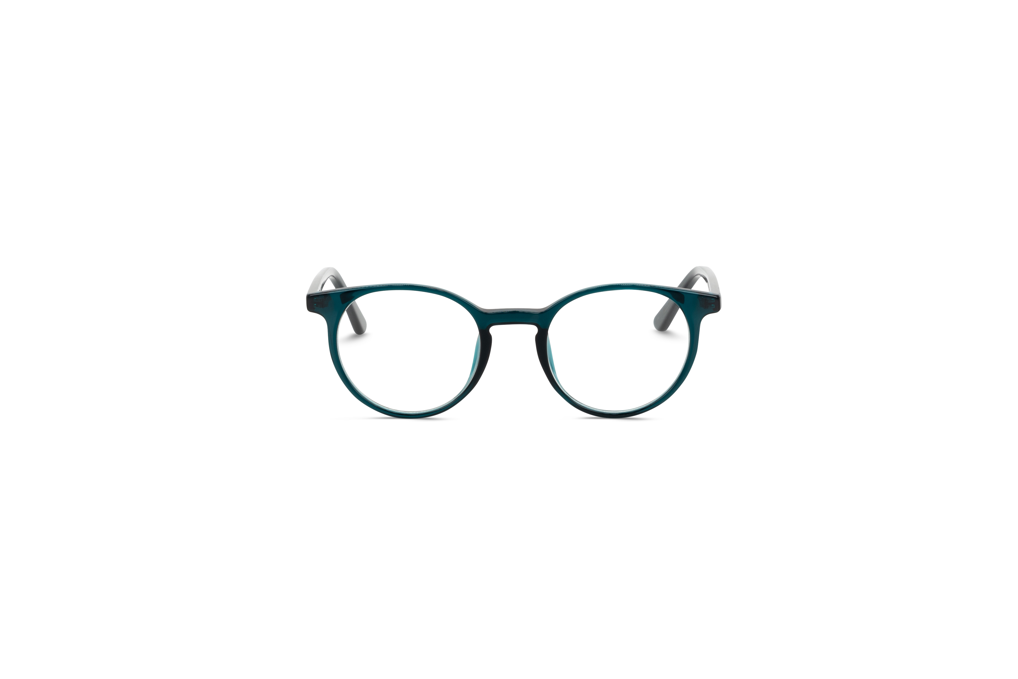 Die Brille KIND Leo in Türkis auf weißem Hintergrund in Frontalansicht.