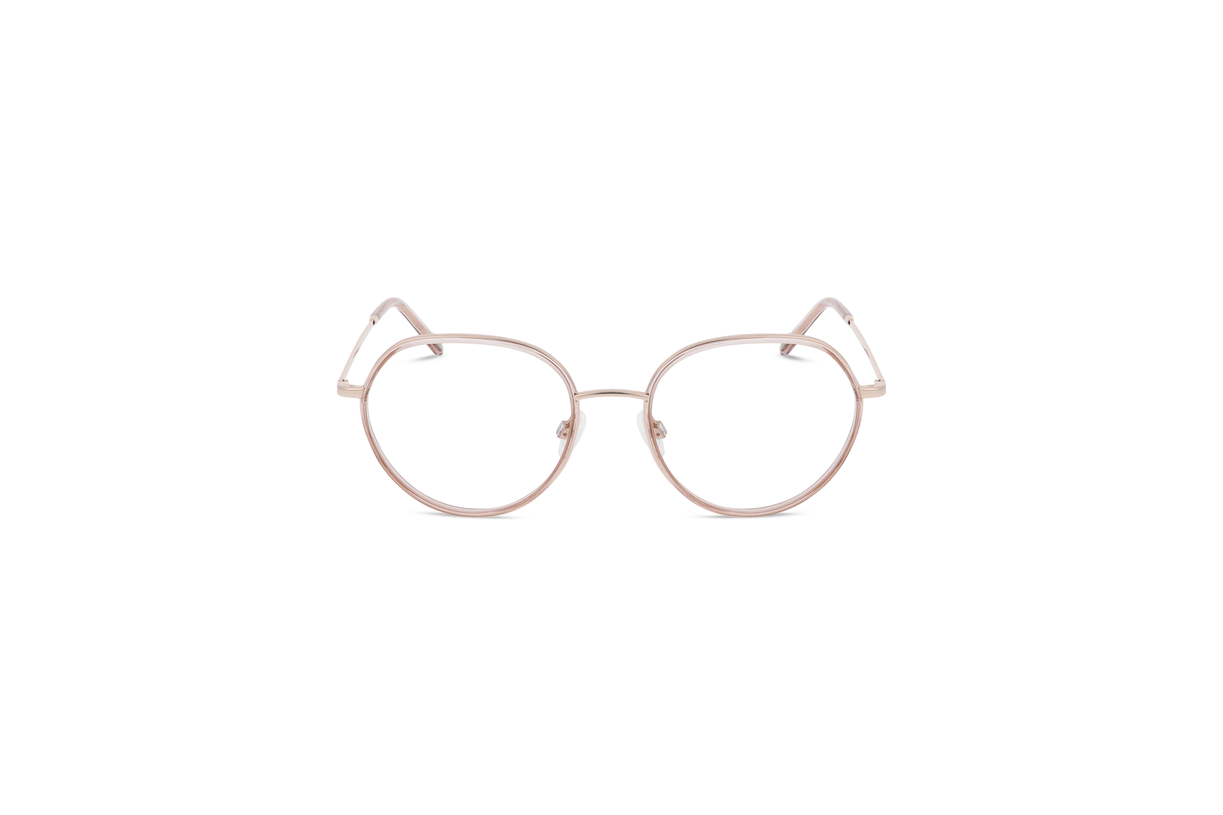 Die Brille JOOP! 83348 in Rosegold auf weißem Hintergrund in Frontalansicht.