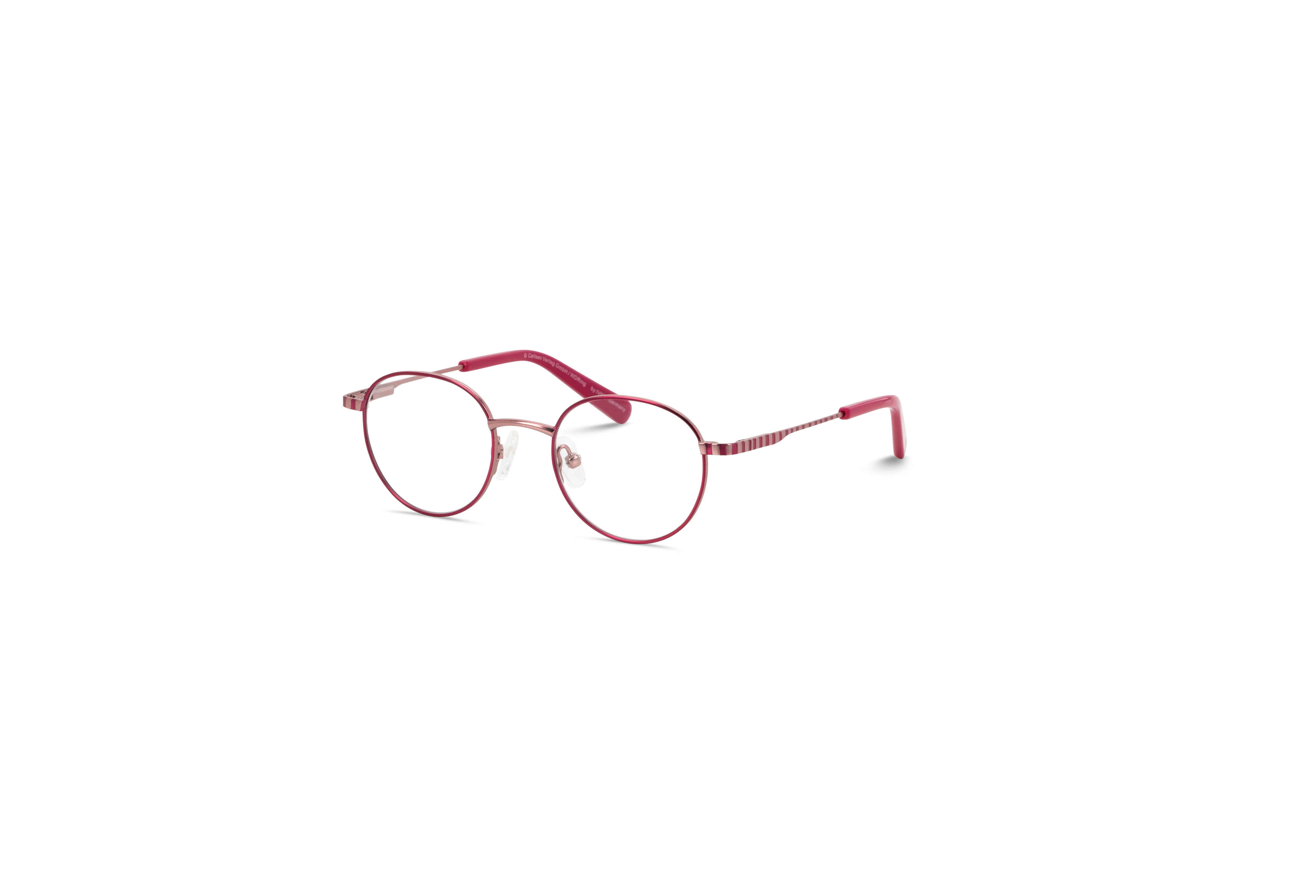 45° Ansicht der Kinderbrille Conni CON14 in Pink auf weißem Hintergrund.