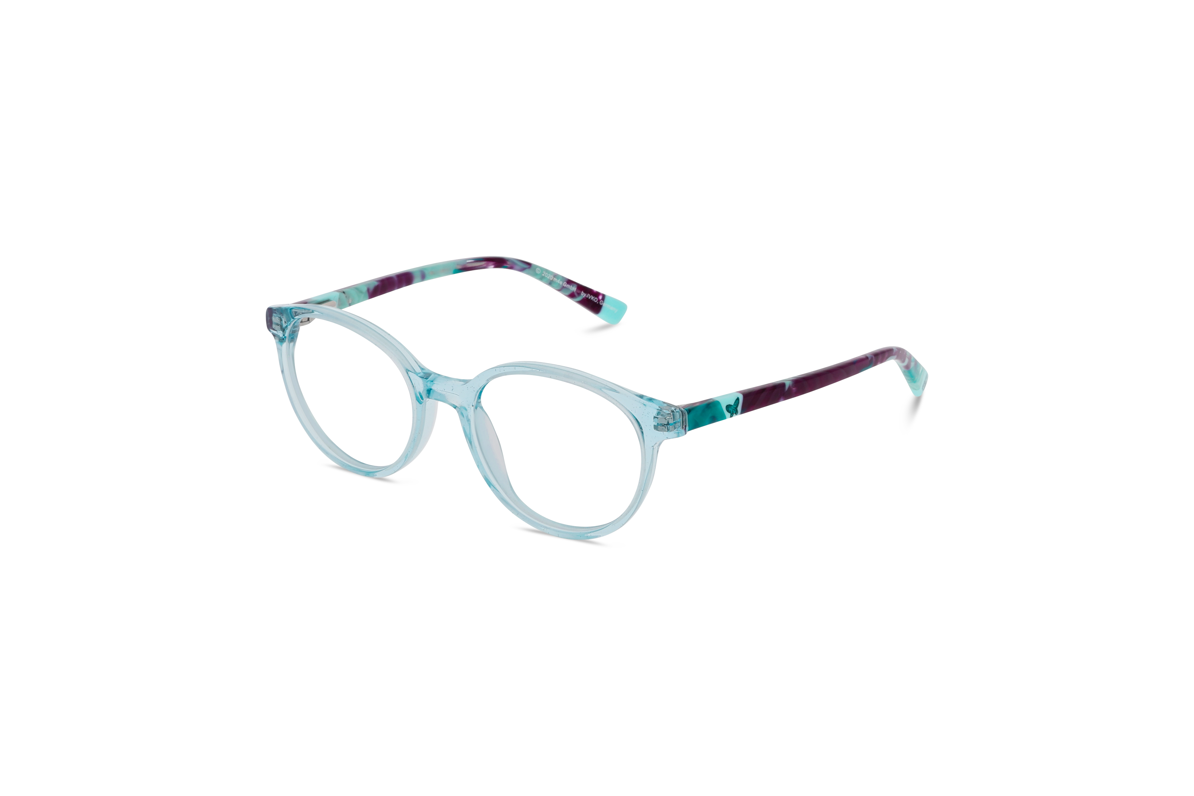 45° Ansicht der Kinderbrille Mia and Me MIA11 in Transparent auf weißem Hintergrund.