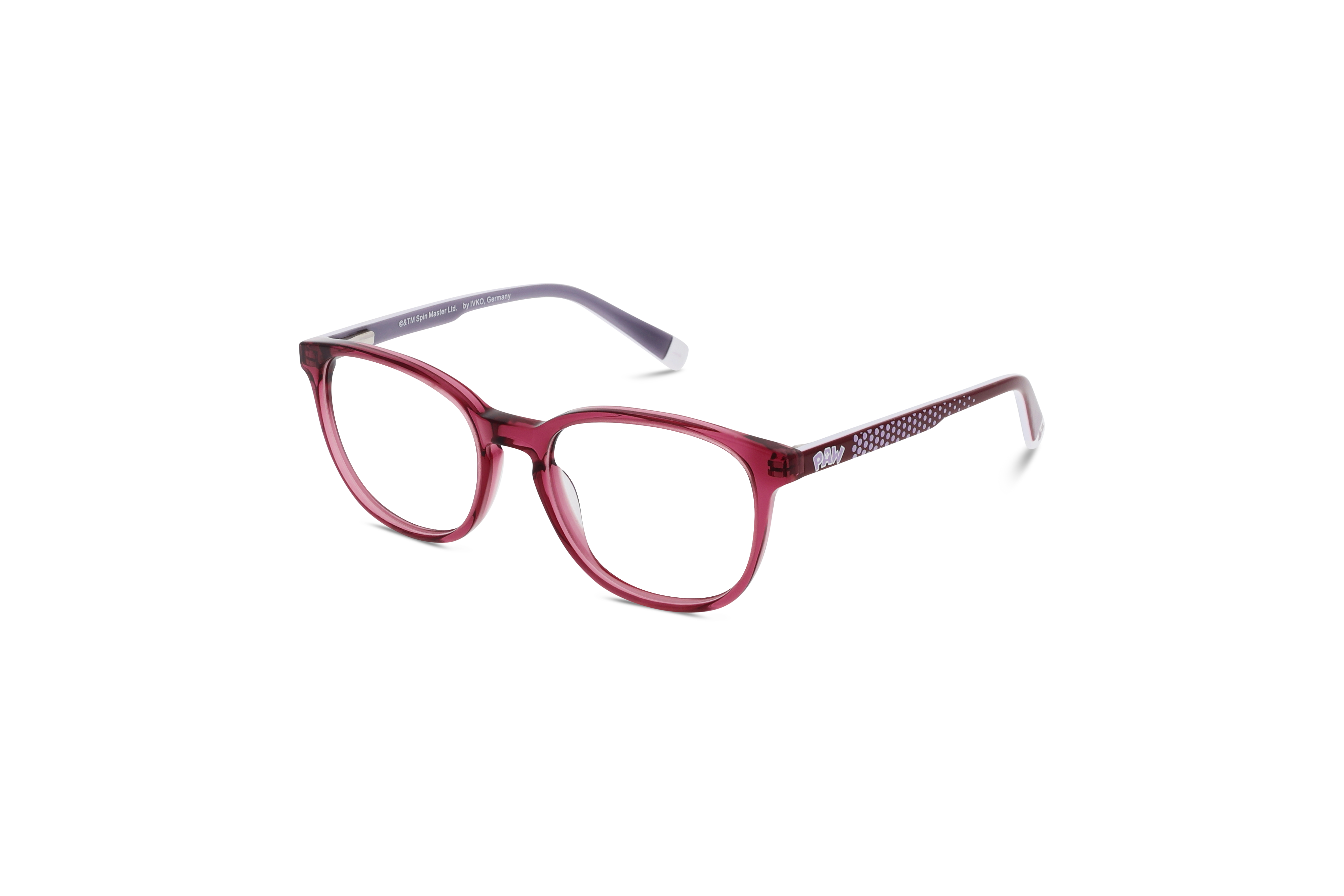 45° Ansicht der Kinderbrille Paw Patrol PP 03 in Transparent auf weißem Hintergrund.