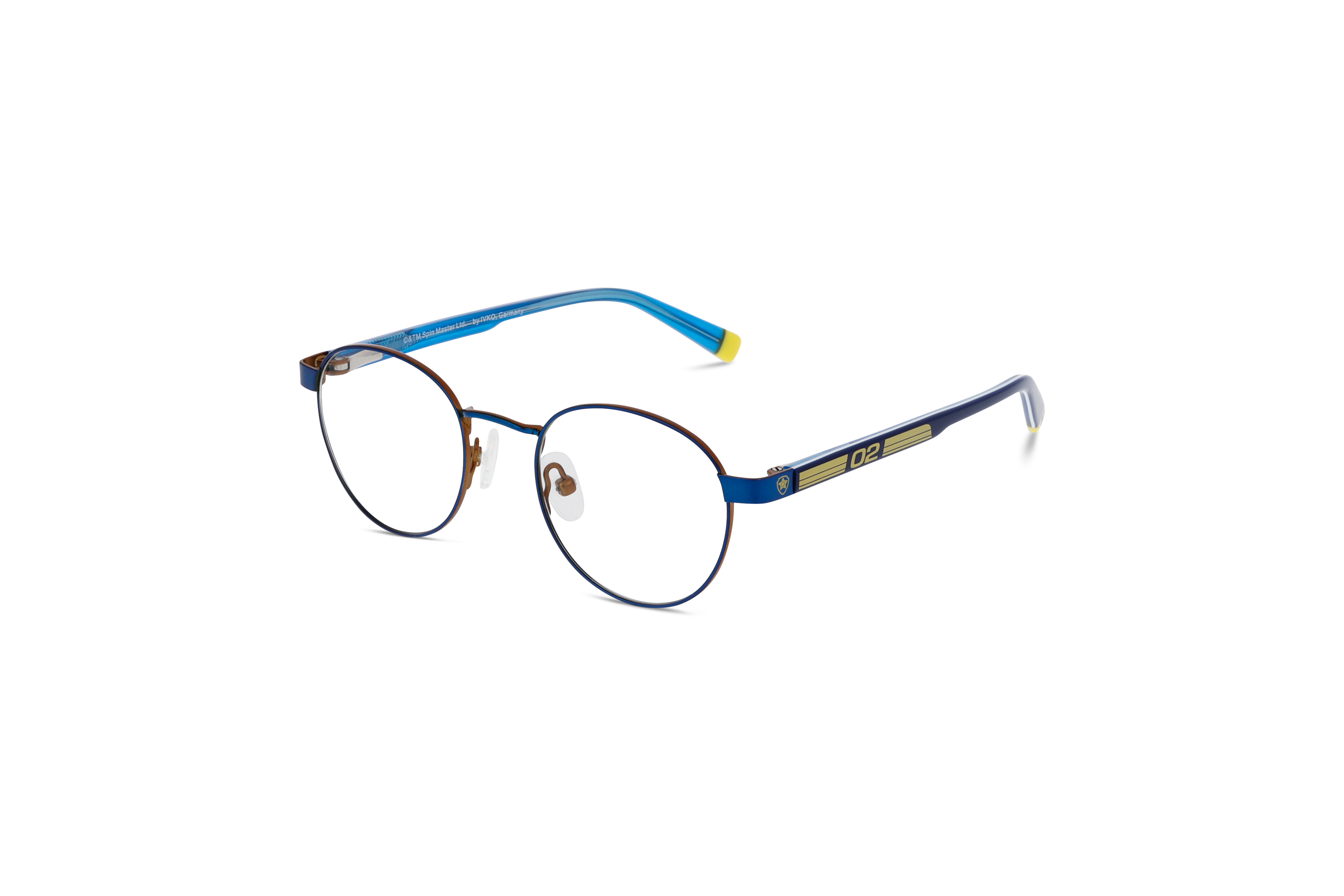 45° Ansicht der Kinderbrille Paw Patrol PP 04 in Blau auf weißem Hintergrund.