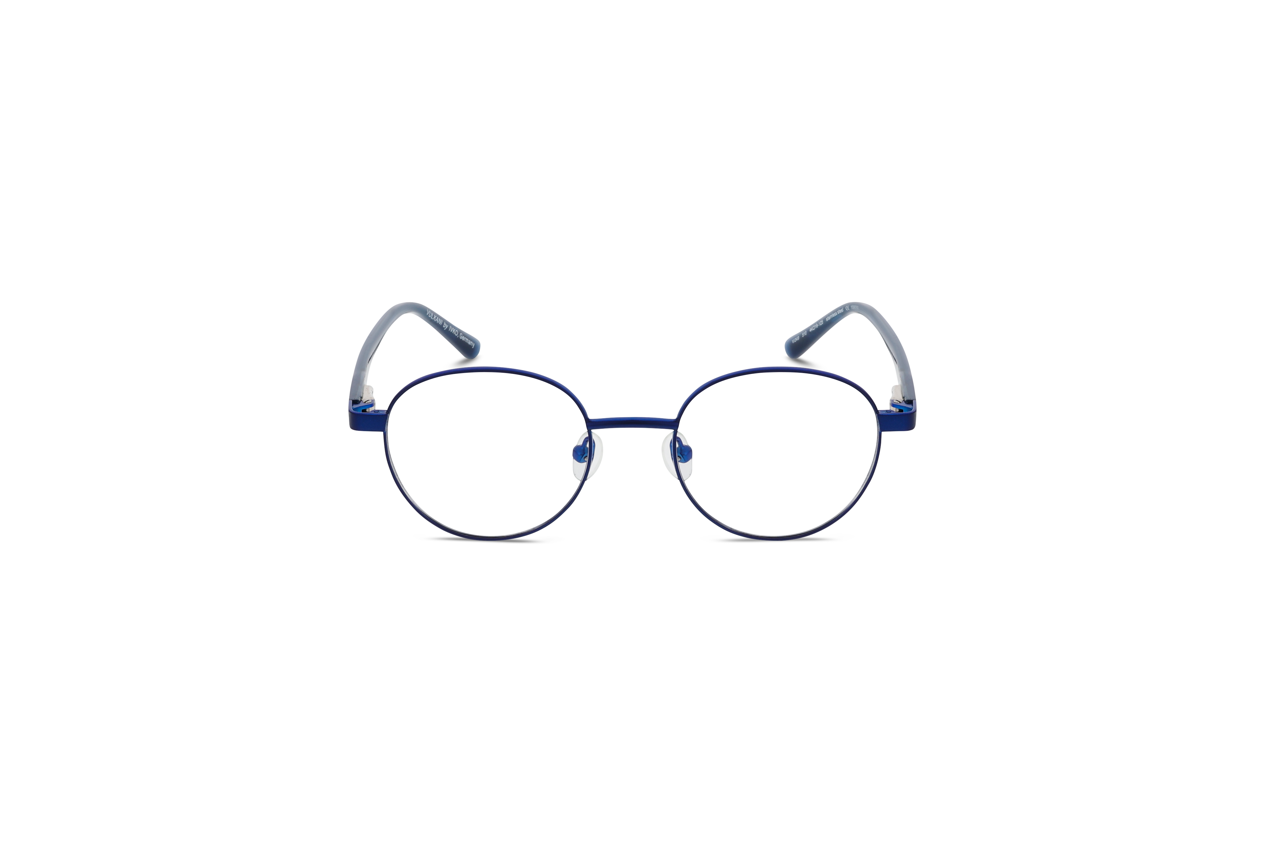 Die Kinderbrille Vulkani VI 349 in Blau auf weißem Hintergrund in Frontalansicht.