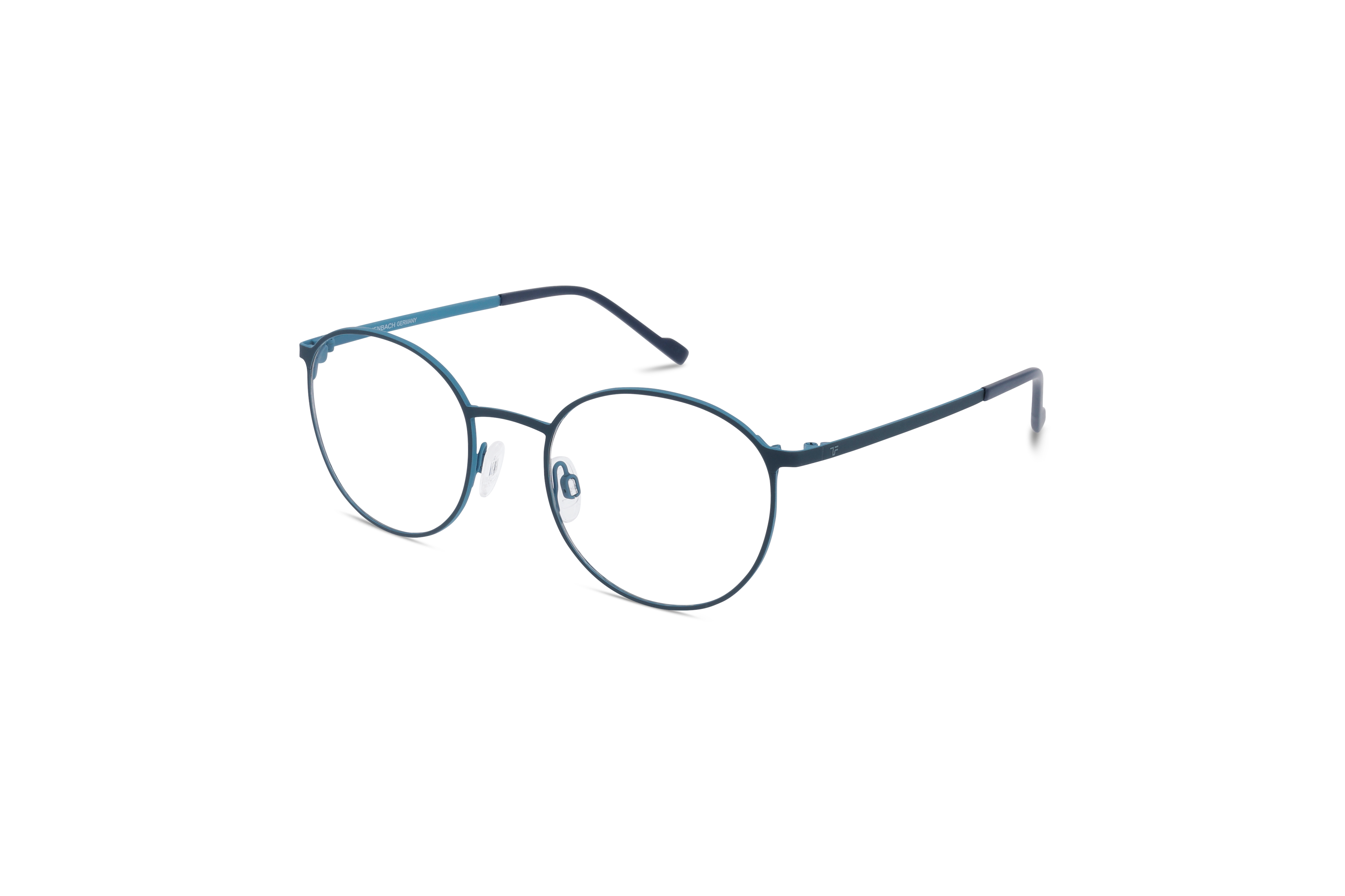 45° Ansicht der Brille Titanflex 820980 in Türkis auf weißem Hintergrund.