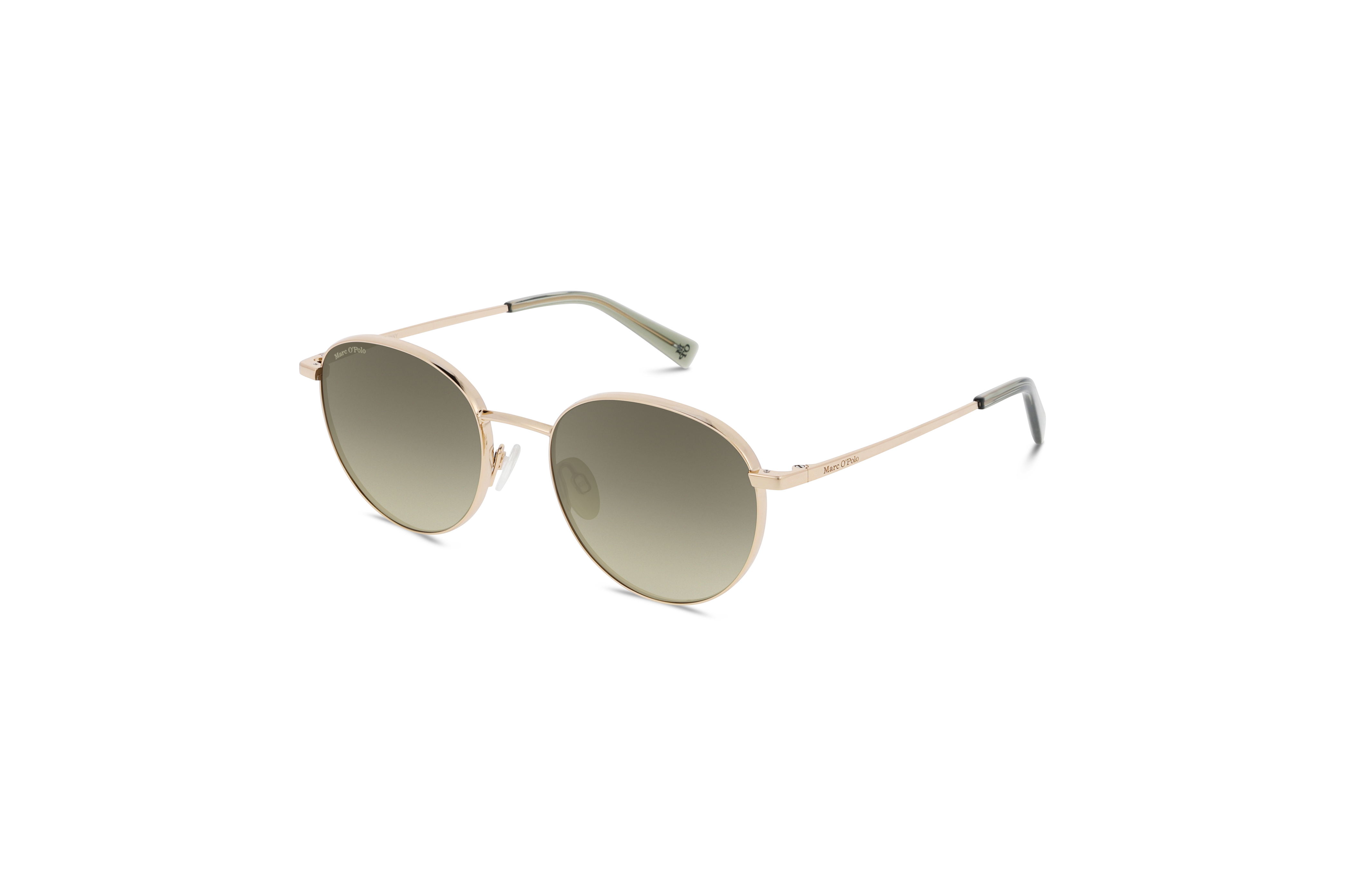 45° Ansicht der Sonnenbrille Marc O´Polo 505123 in Gold auf weißem Hintergrund.