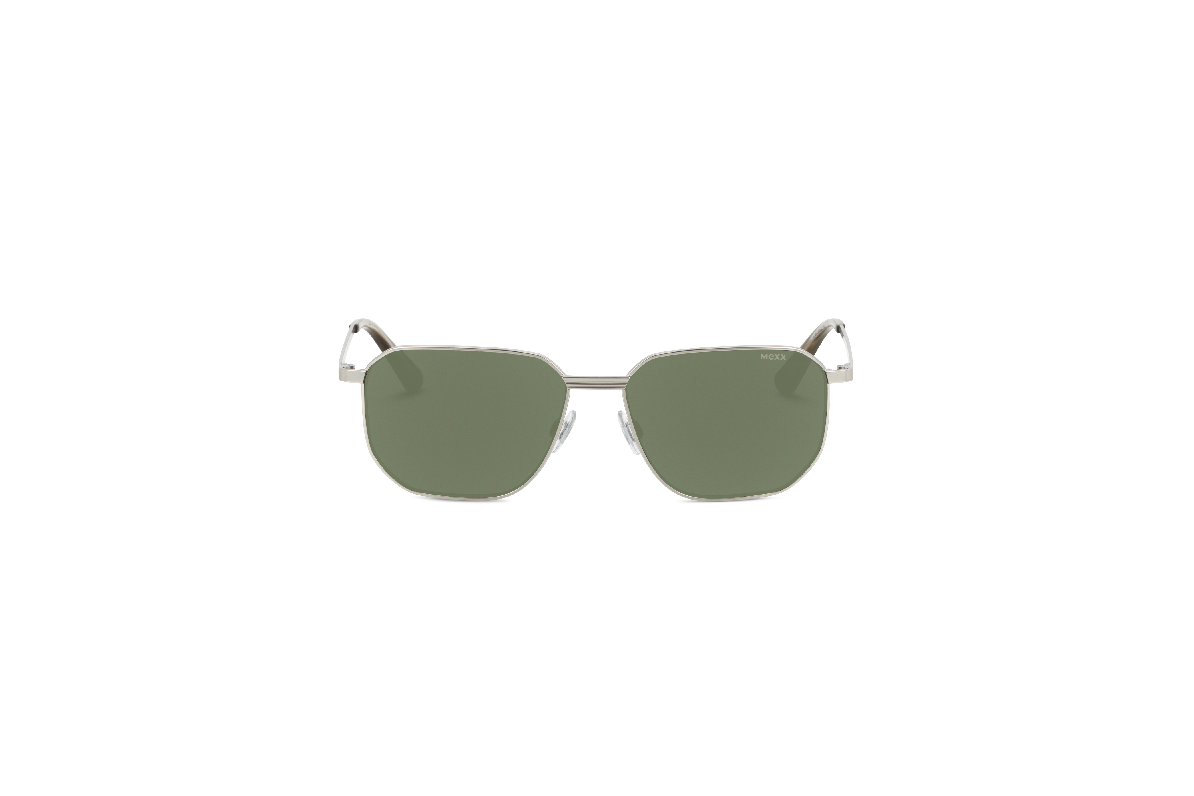 Die Sonnenbrille Mexx 6502 in Silber auf weißem Hintergrund in Frontalansicht.