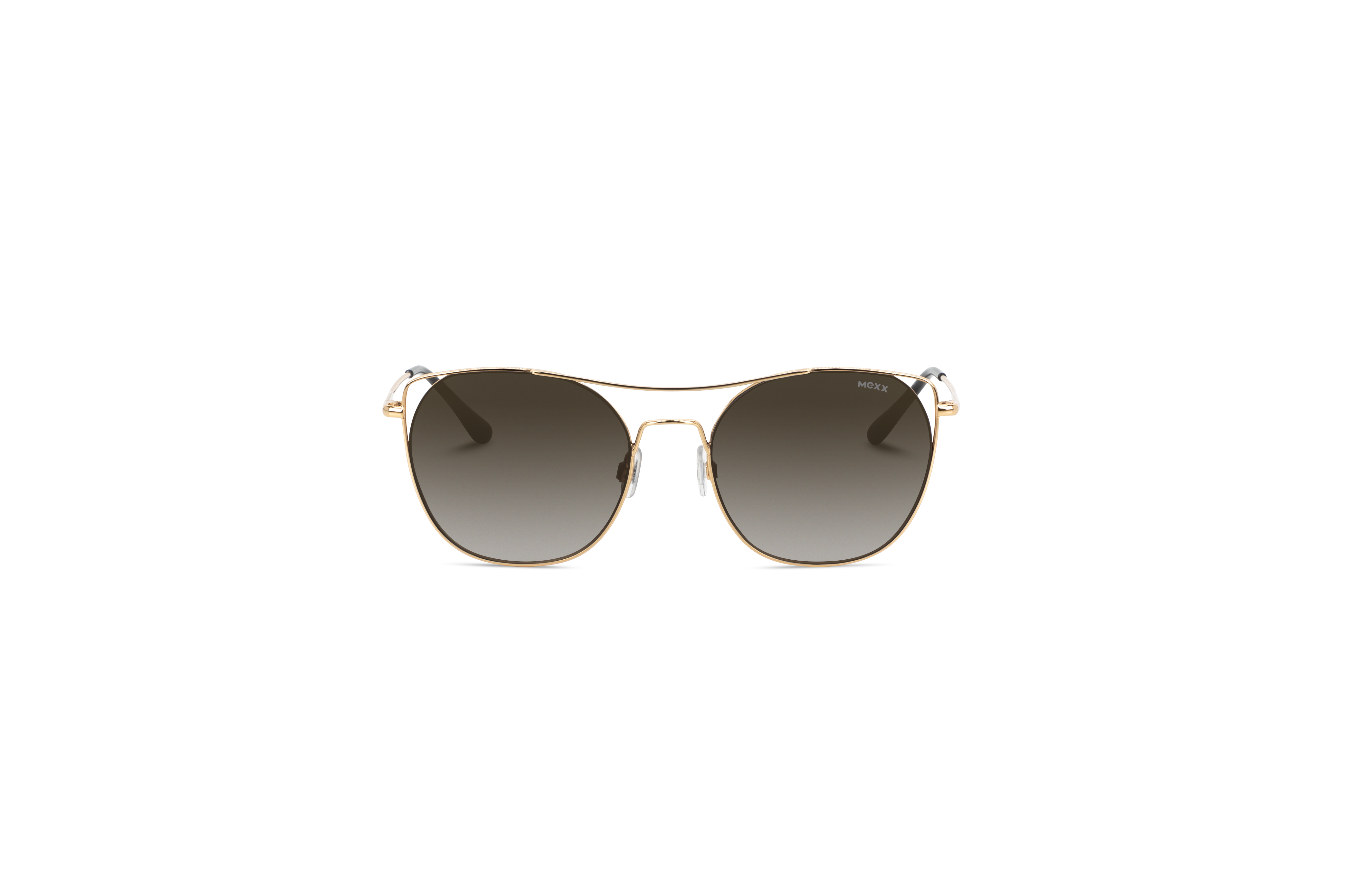 Die Sonnenbrille Mexx 6507 in Gold auf weißem Hintergrund in Frontalansicht.