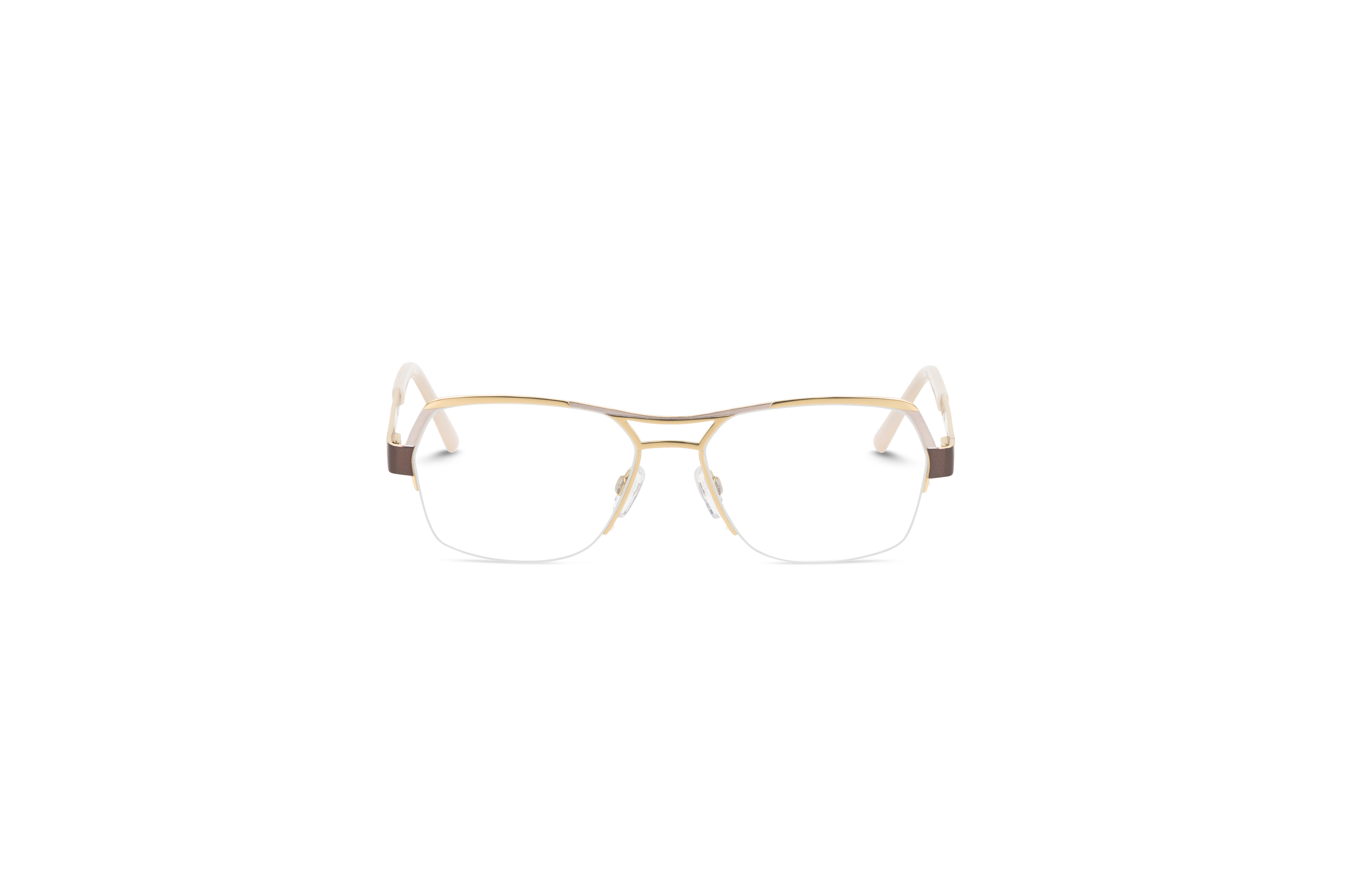 Die Brille Cazal 1240 in Gold auf weißem Hintergrund in Frontalansicht.