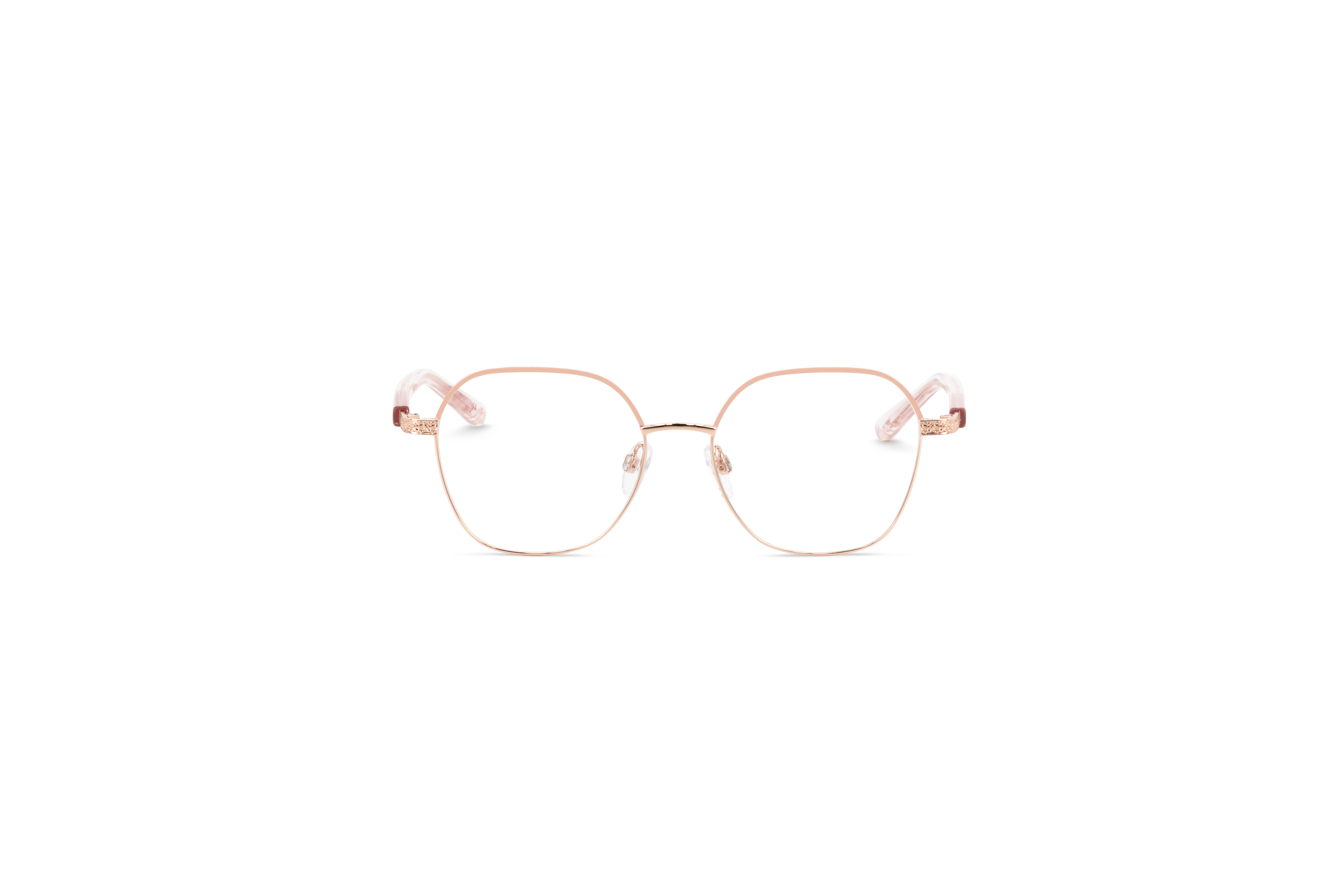 Die Brille Ted Baker 2322 in Rosegold auf weißem Hintergrund in Frontalansicht.
