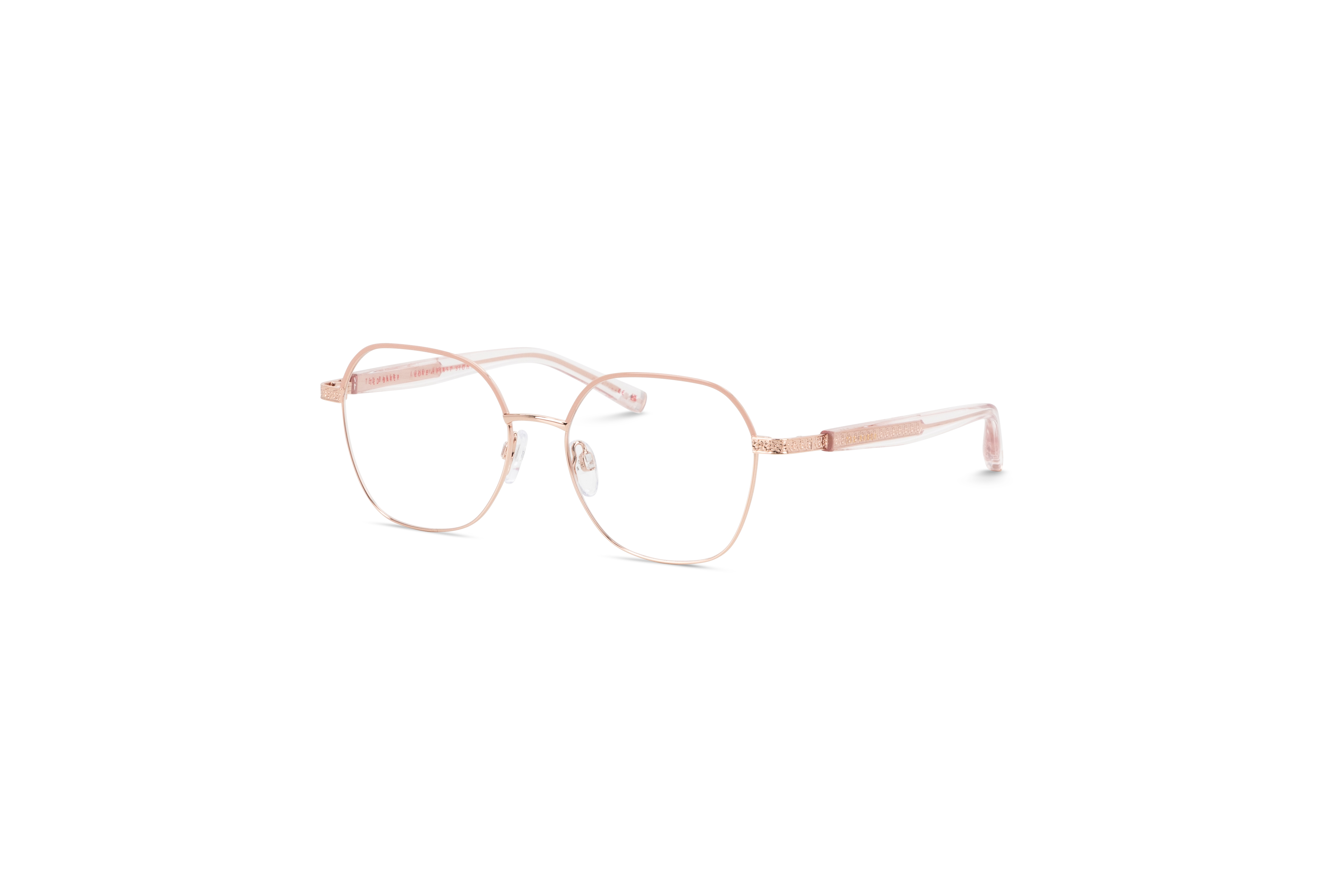 45° Ansicht der Brille Ted Baker 2322 in Rosegold auf weißem Hintergrund.