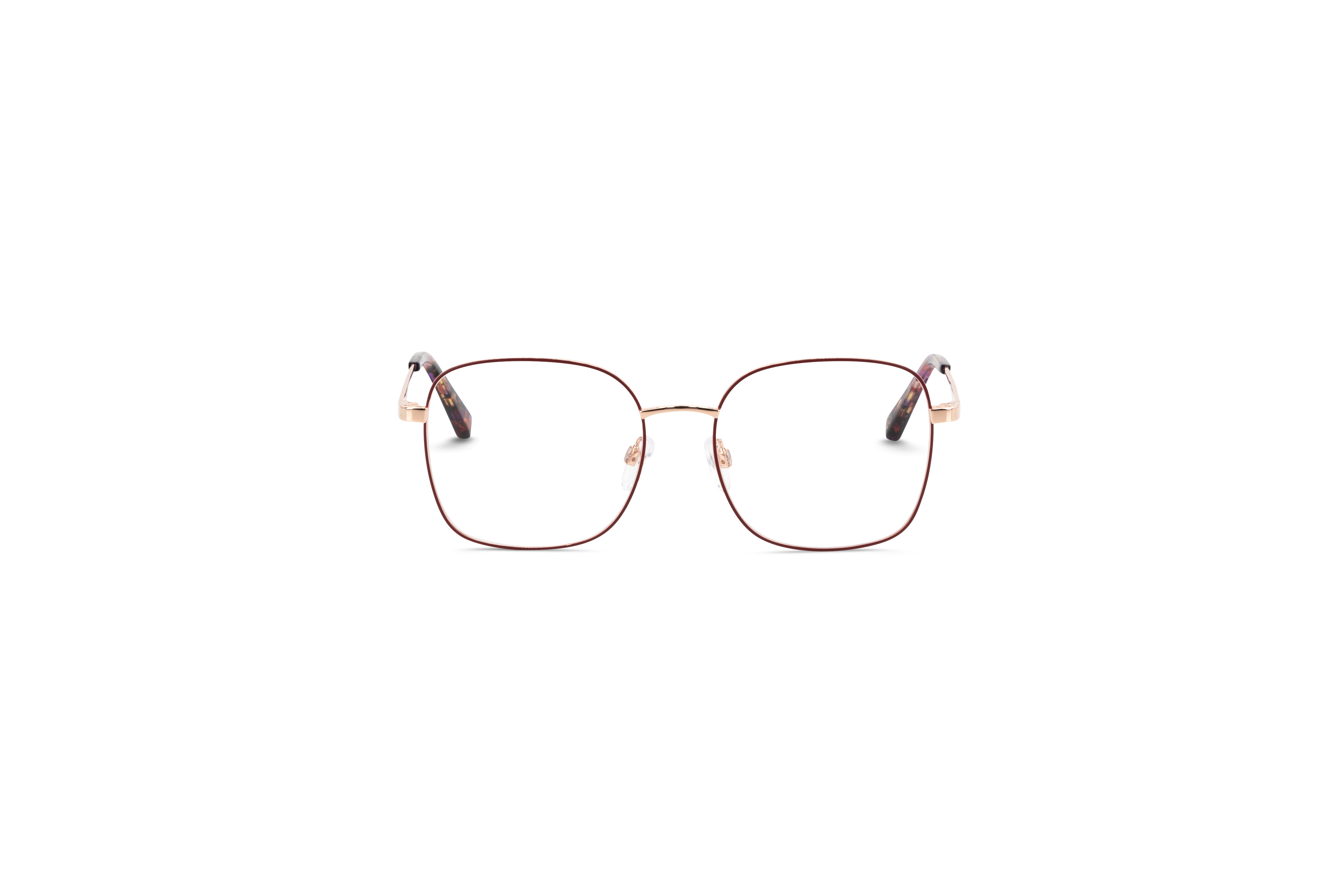 Die Brille Ted Baker 2338 in Pink auf weißem Hintergrund in Frontalansicht.