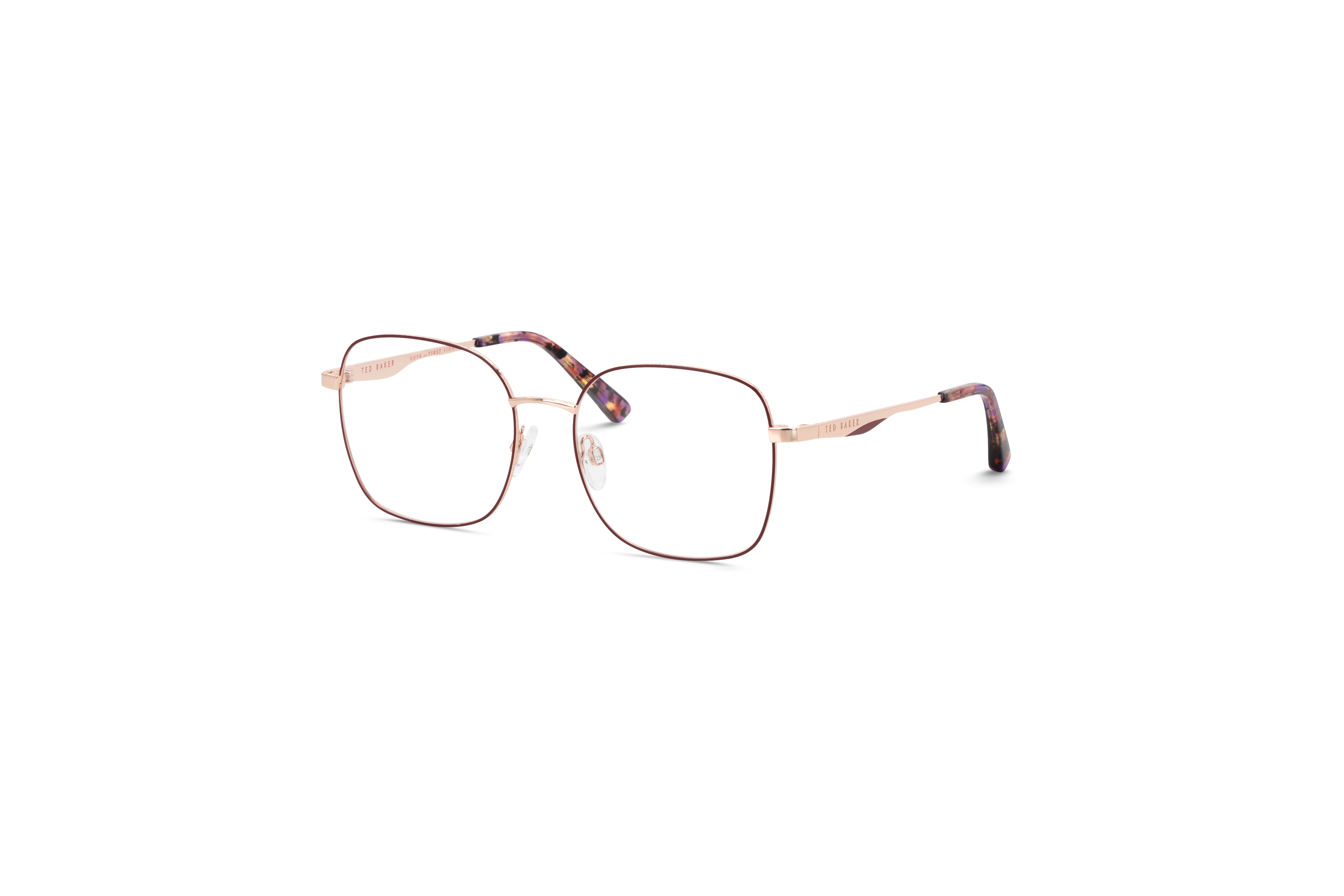 45° Ansicht der Brille Ted Baker 2338 in Pink auf weißem Hintergrund.