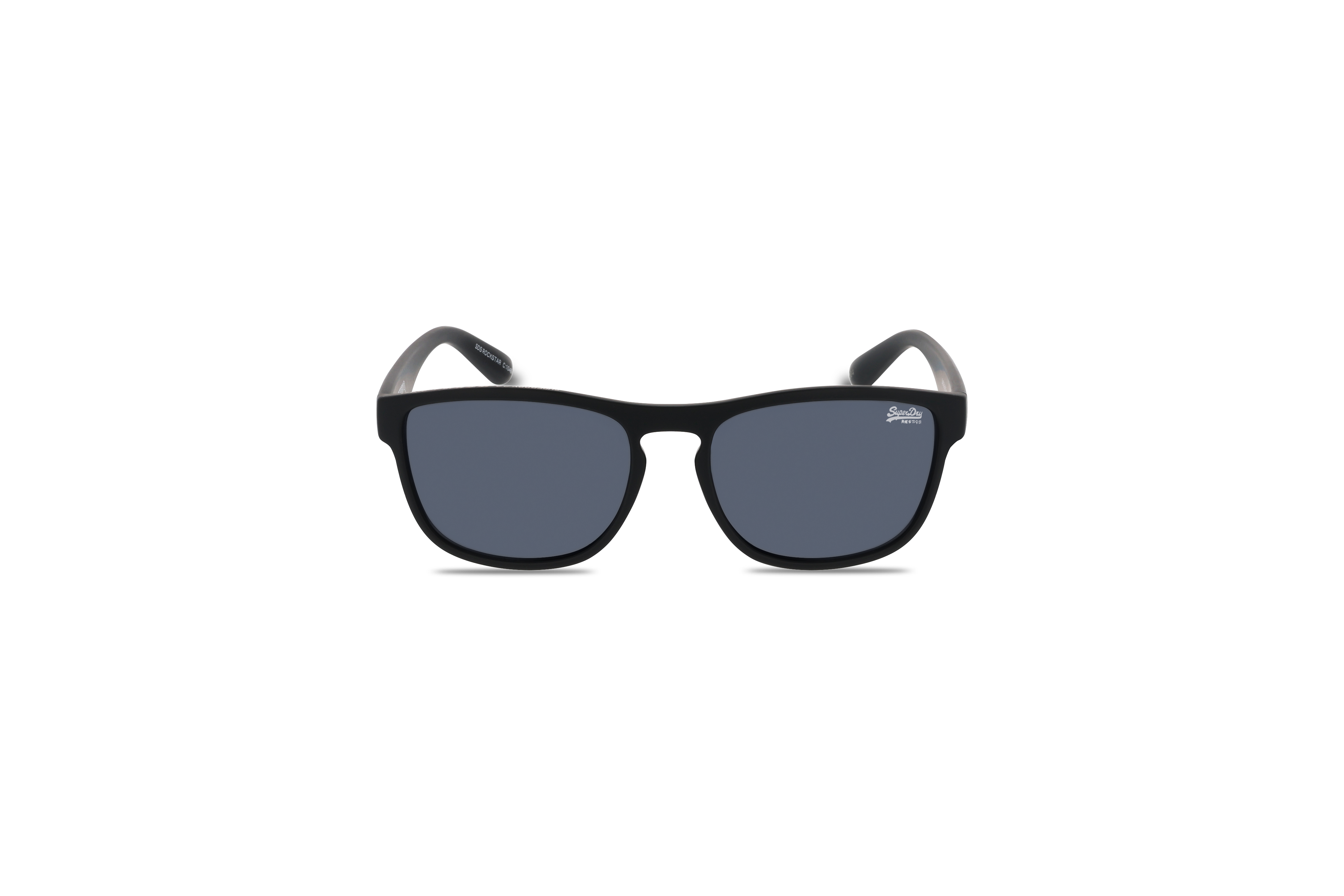 Die Sonnenbrille Super Dry ROCKSTAR in Schwarz auf weißem Hintergrund in Frontalansicht.